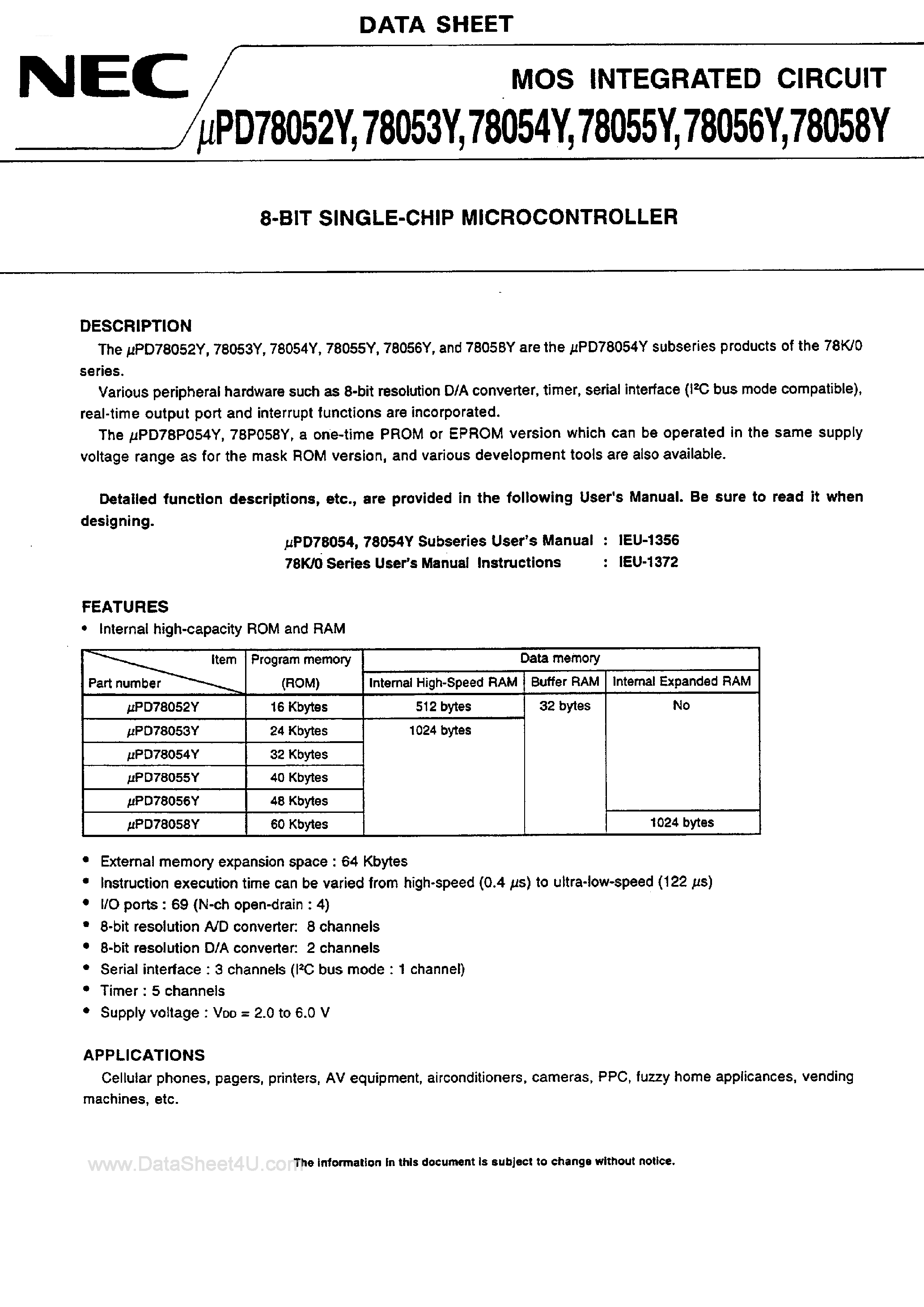 Даташит UPD78052Y - (UPD78055Y - UPD78058Y) 8-BIT SINGLE-CHIP MICROCOMPUTER страница 1