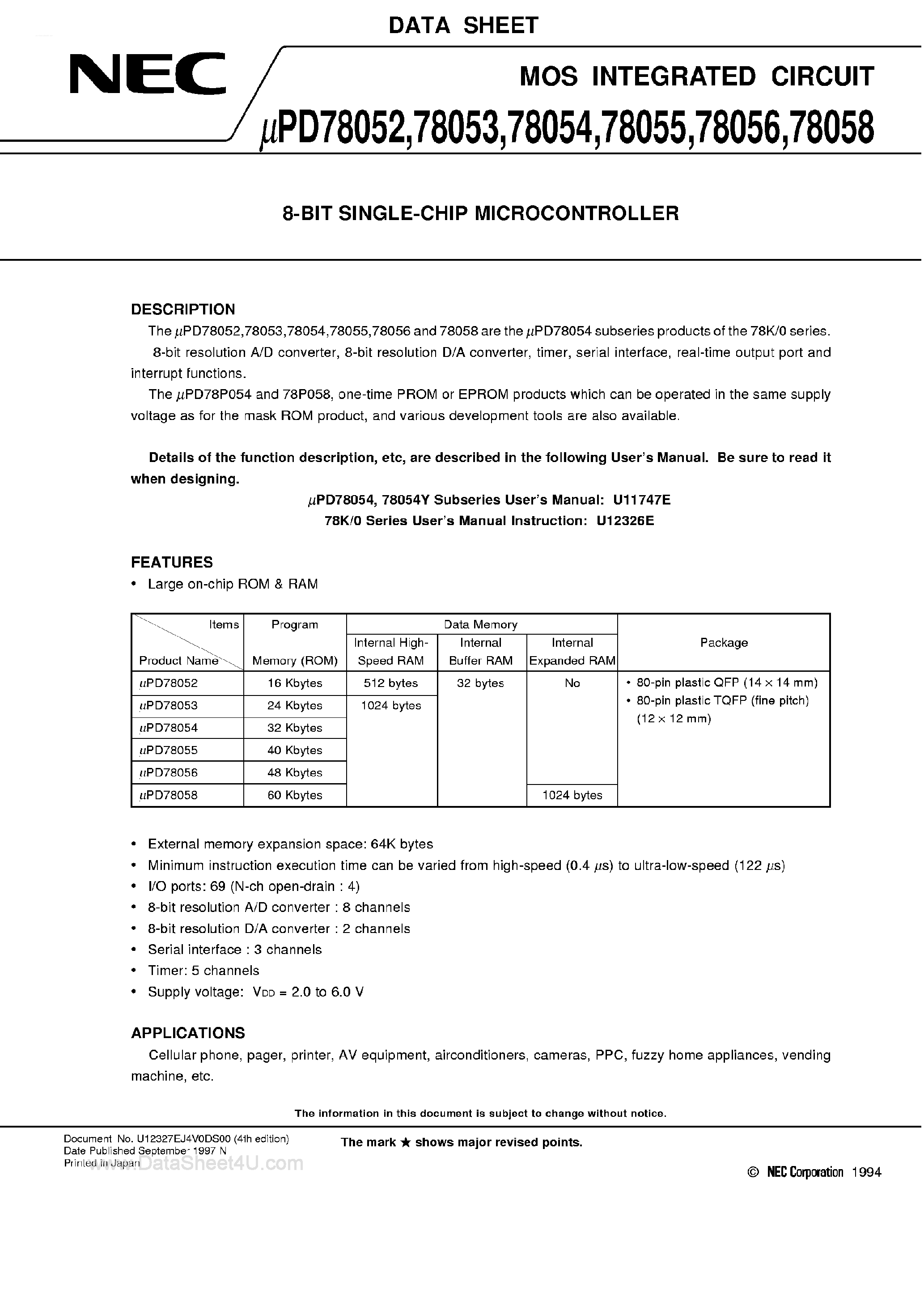 Даташит UPD78052 - (UPD78052 - UPD78058) 8-BIT SINGLE-CHIP MICROCOMPUTER страница 1