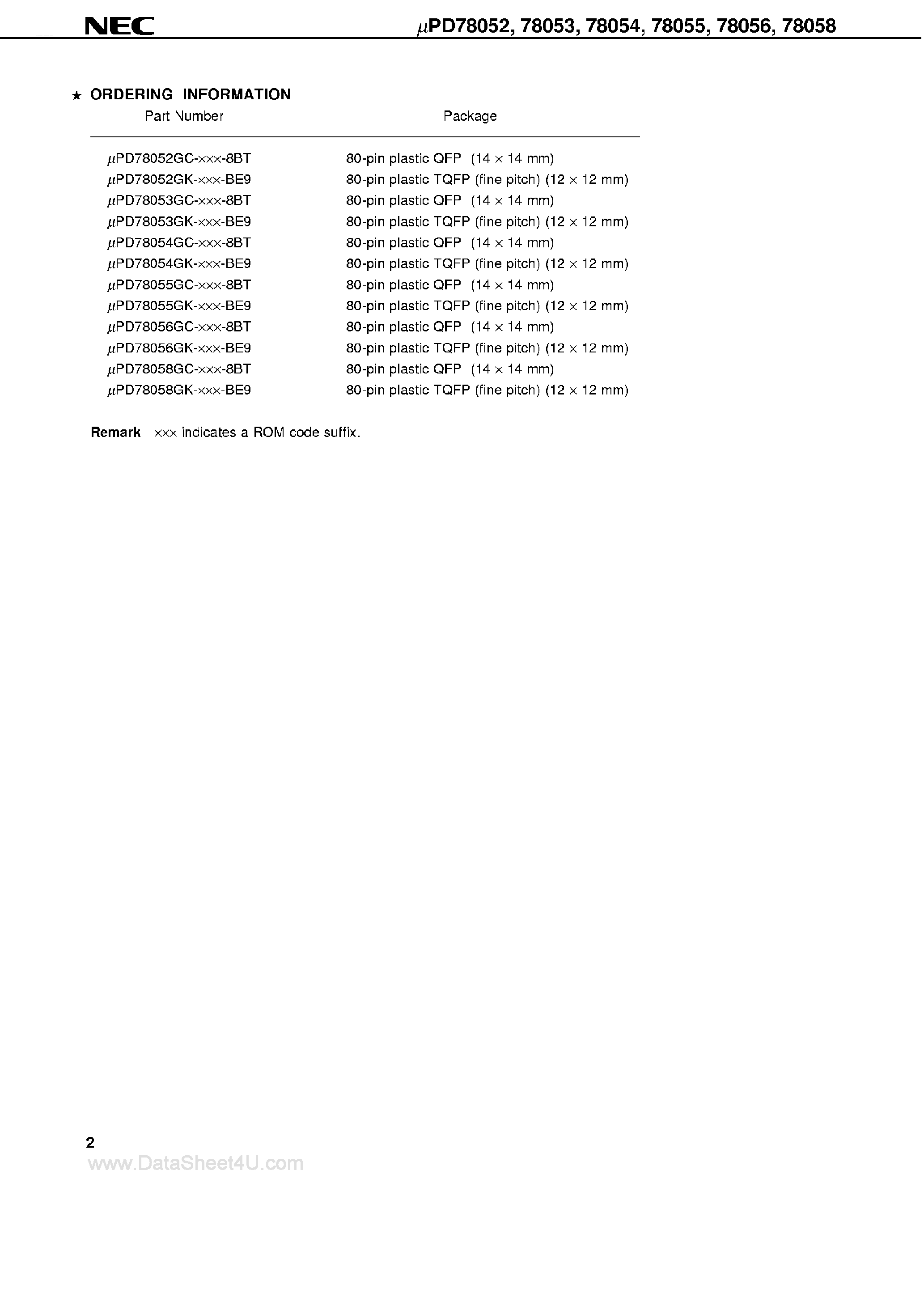 Даташит UPD78052 - (UPD78052 - UPD78058) 8-BIT SINGLE-CHIP MICROCOMPUTER страница 2