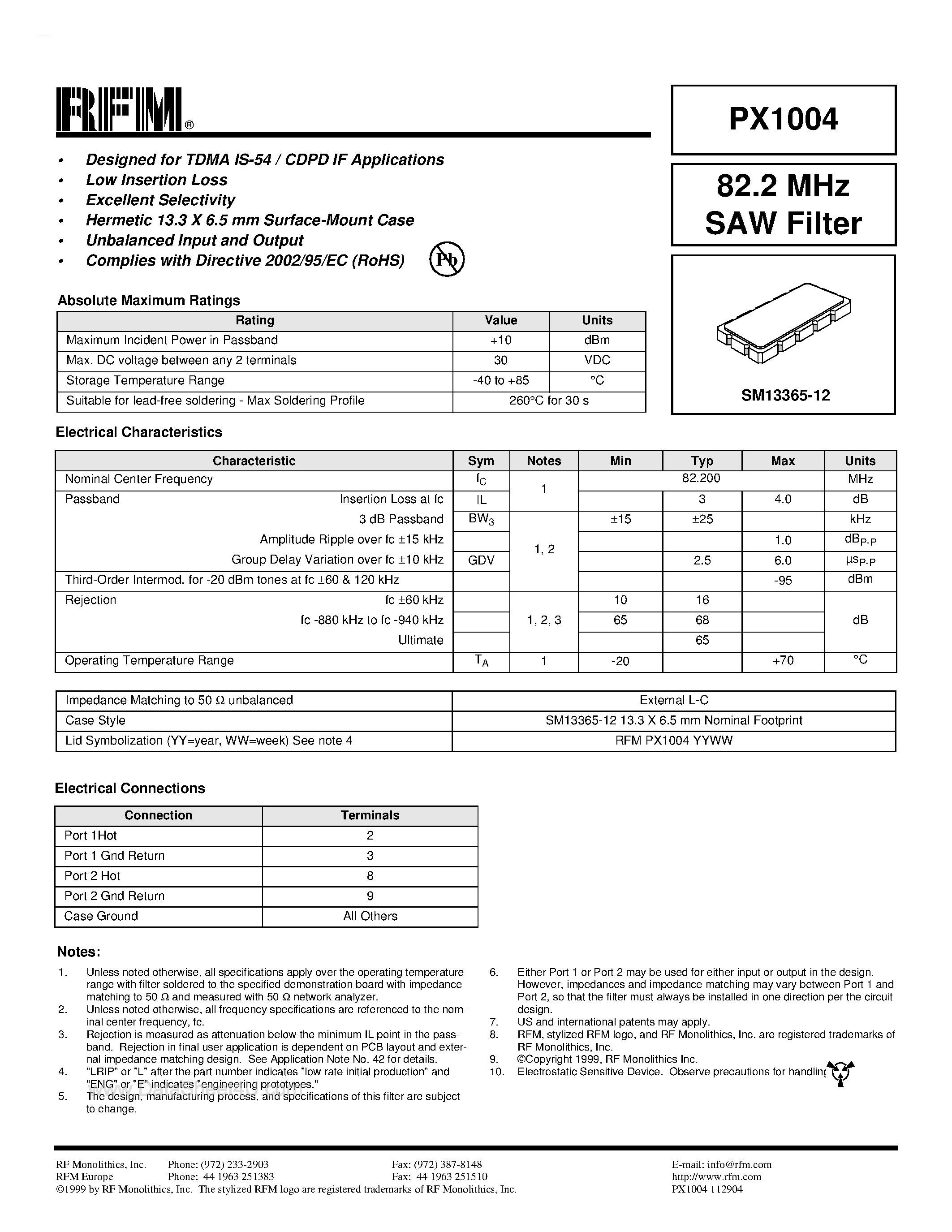 Datasheet PX1004 - 82.2 MHz SAW Filter page 1