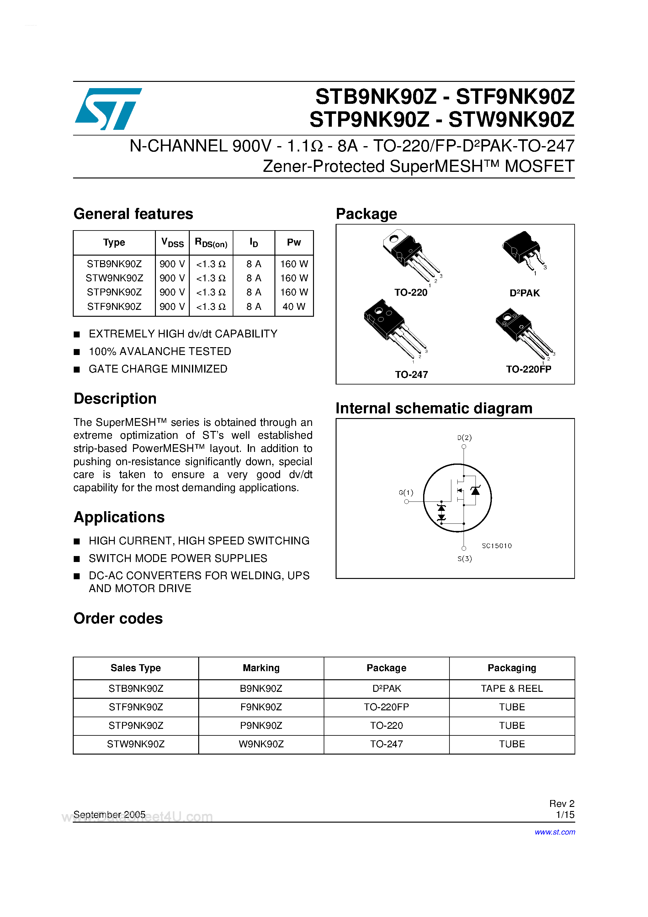 Datasheet STBW9NK90Z - N-CHANNEL MOSFET page 1