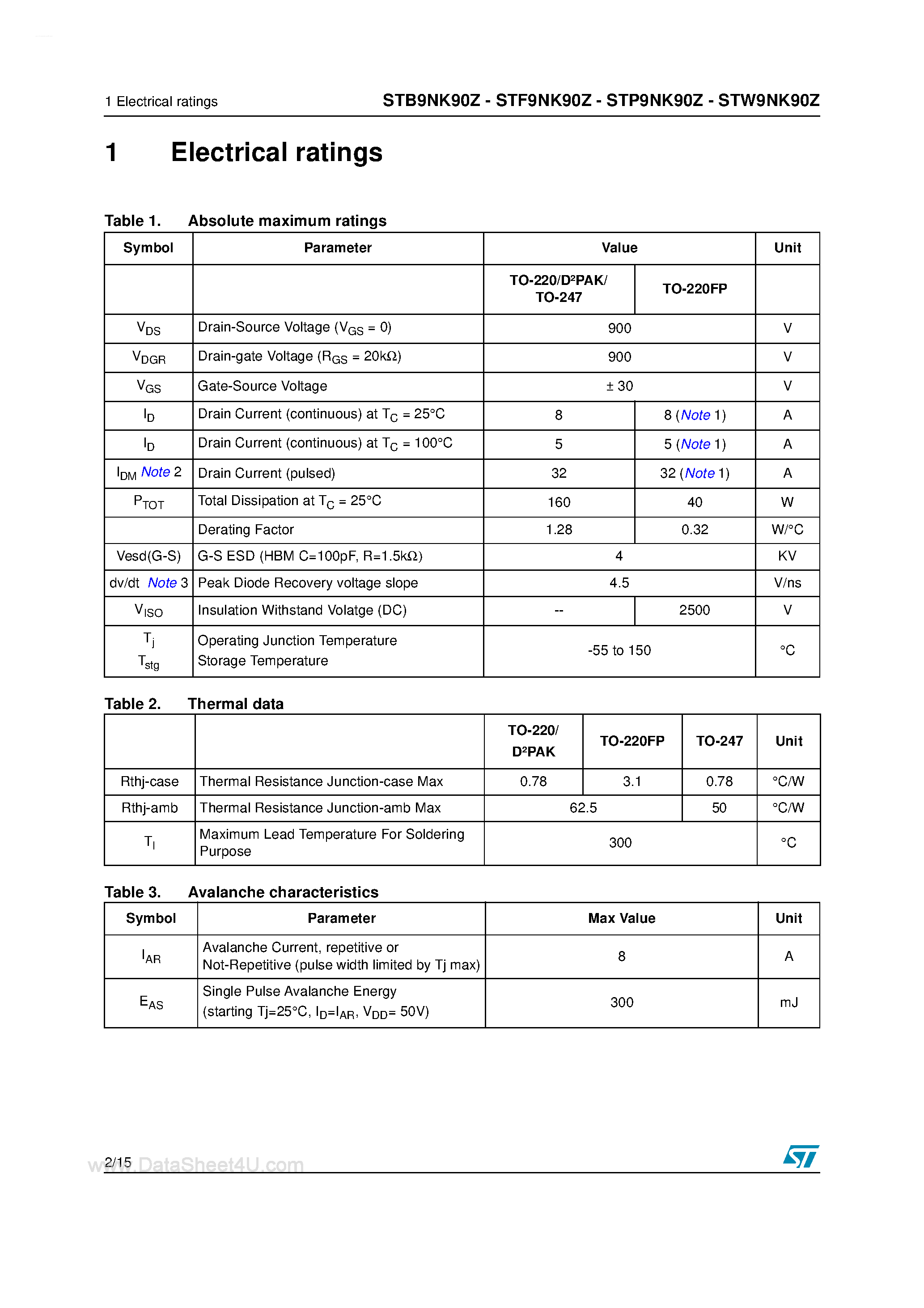 Datasheet STBW9NK90Z - N-CHANNEL MOSFET page 2