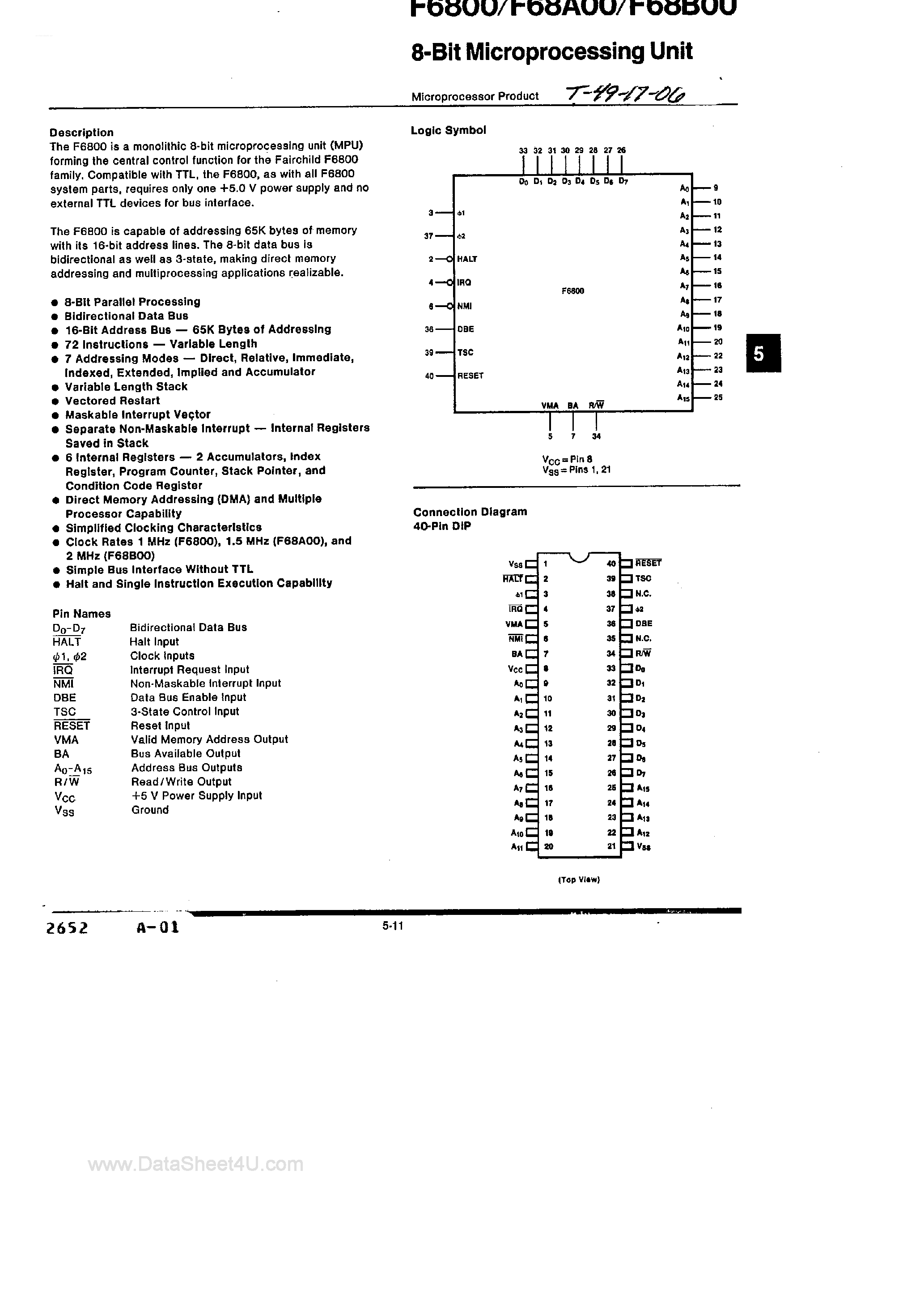 Datasheet F6800 page 1 Datasheet F6800 - 8-Bit Microprocessing Unit page 1
