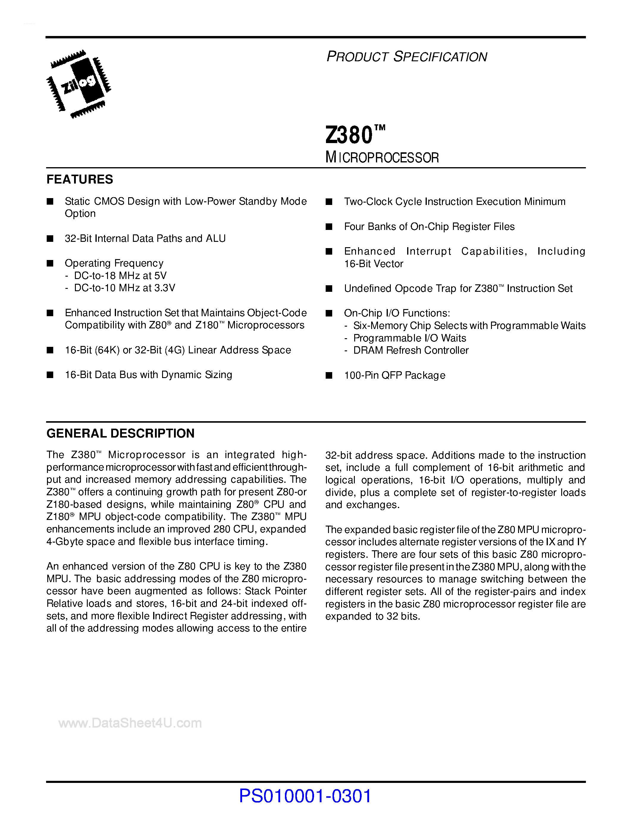 Datasheet Z-380 page 1 Datasheet Z-380 - Microprocessor page 1