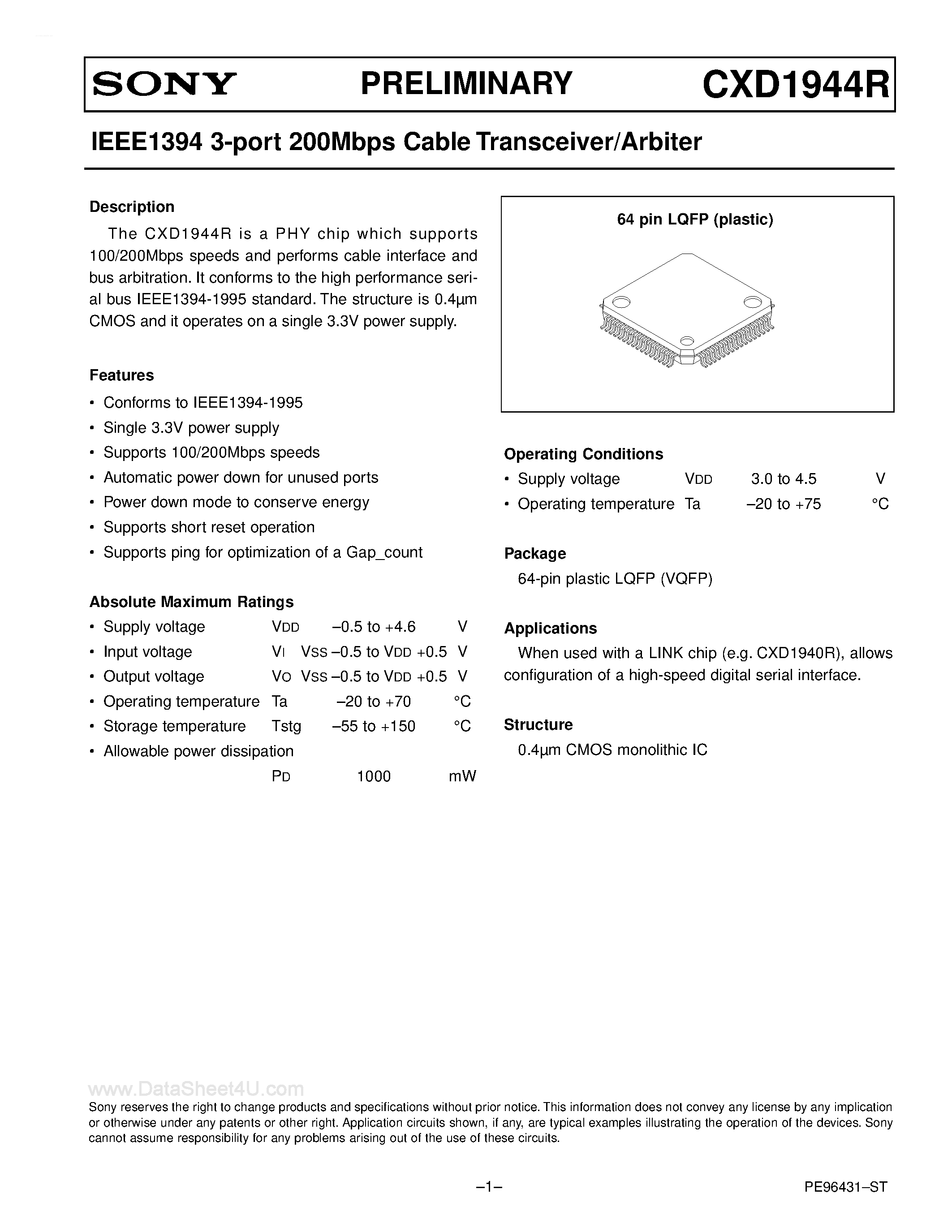 Datasheet CXD1944R page 1 Datasheet CXD1944R - IEEE1394 3-port 200Mbps Cable Transceiver/Arbiter page 1