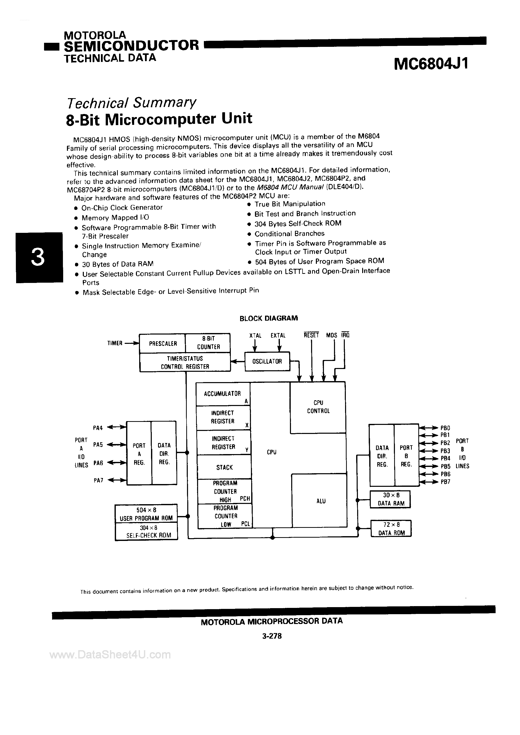 Datasheet MC6804J1 page 1 Datasheet MC6804J1 - 8-Bit Microcomputer Unit page 1