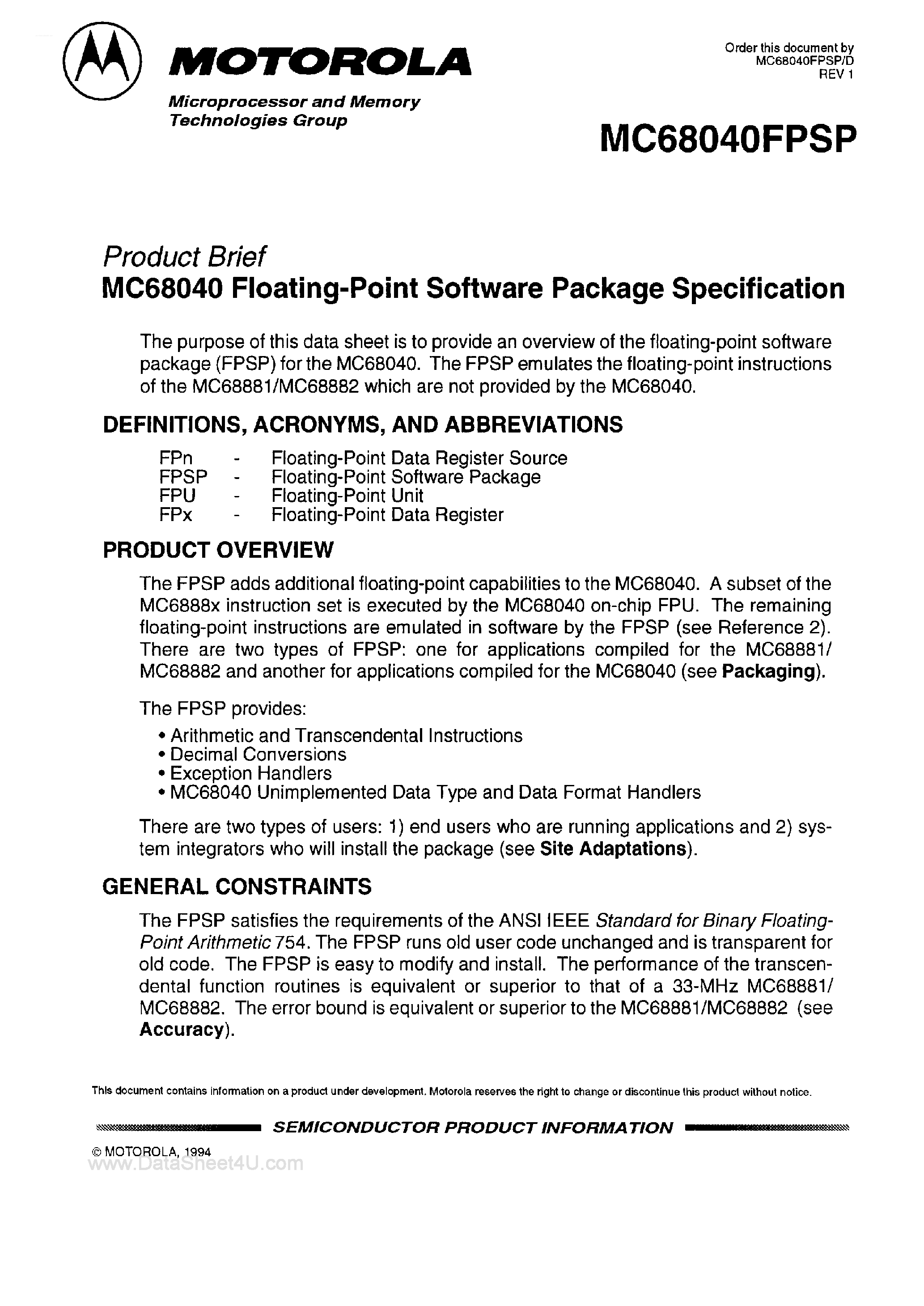 Datasheet MC68040FPSP page 1 Datasheet MC68040FPSP - Floating Point Software Package Specifiction page 1