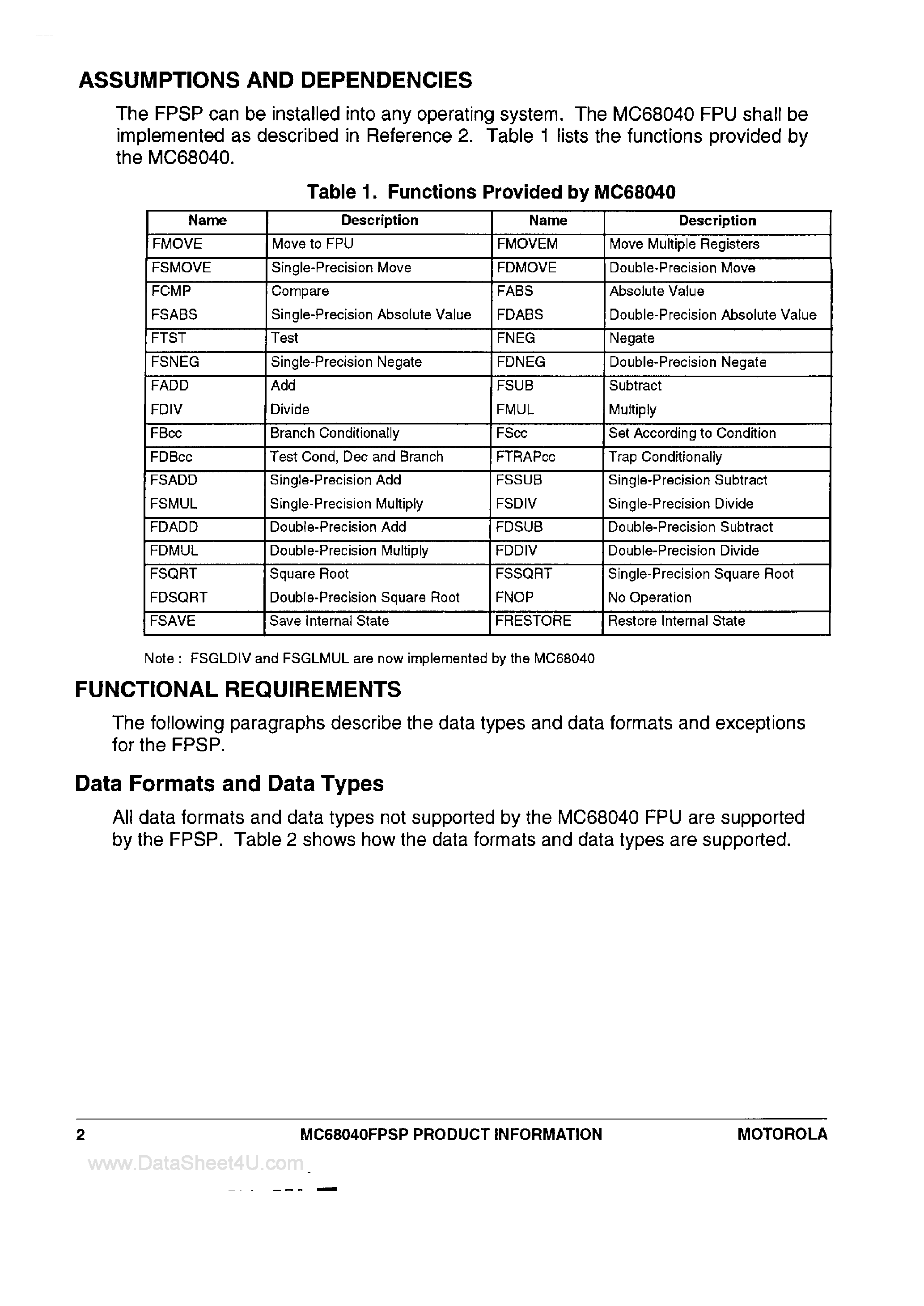 Datasheet MC68040FPSP page 2 Datasheet MC68040FPSP - Floating Point Software Package Specifiction page 2