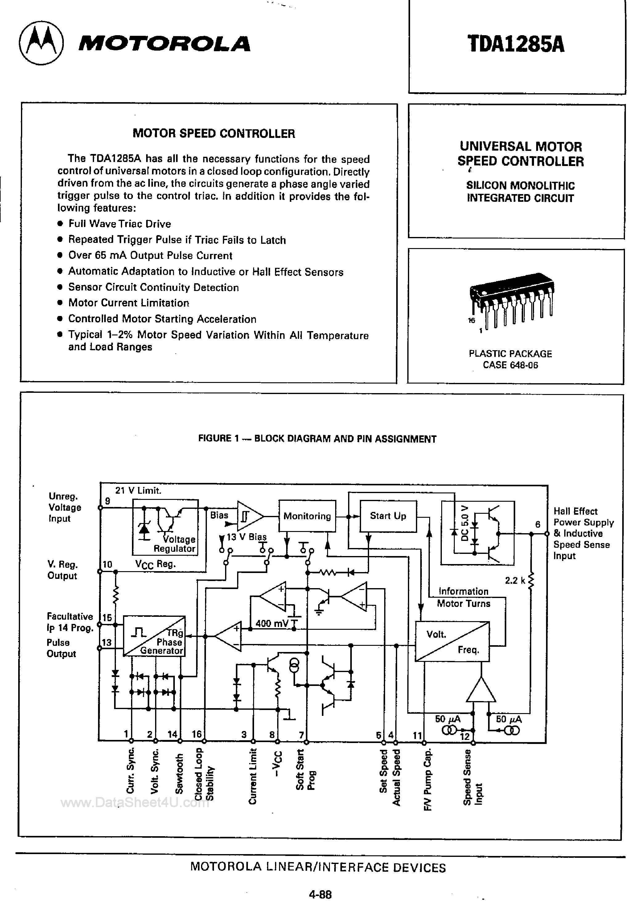 Даташит TDA1285A - Motor Speed Controller страница 1