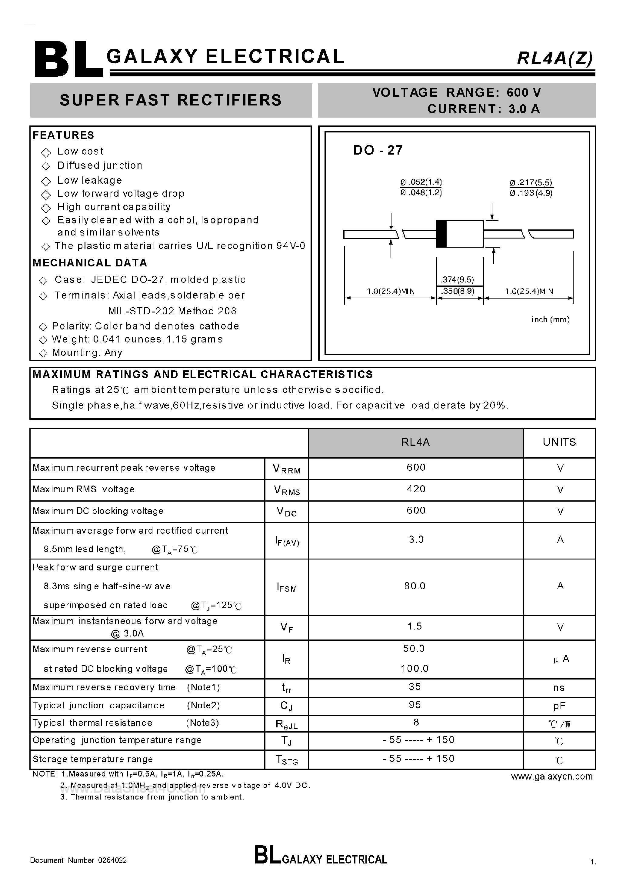 Datasheet RL4A page 1 Datasheet RL4A - Super Fast Rectifiers page 1
