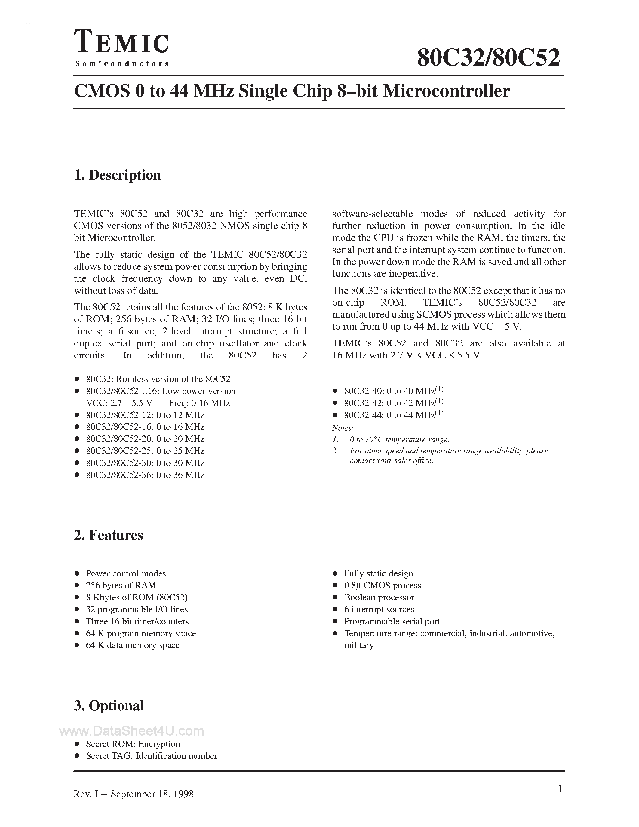 Datasheet P-80C32 - (P-80C32 / P-80C52) CMOS 8-Bit Microcontroller page 1