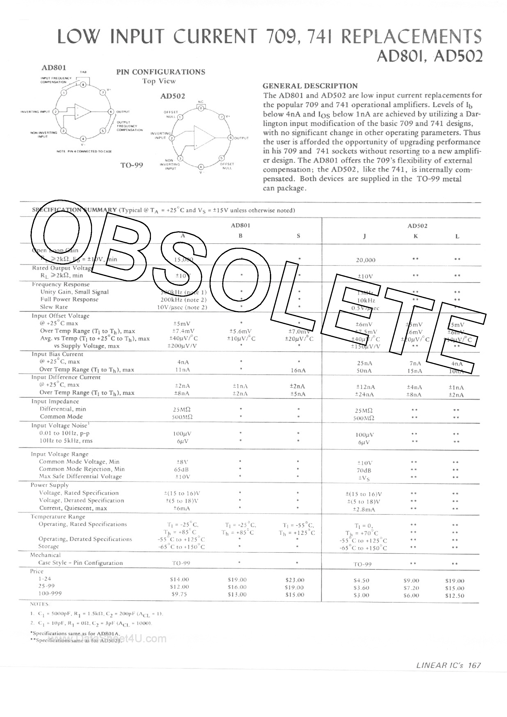 Datasheet AD502 - Operational Amplifier page 1