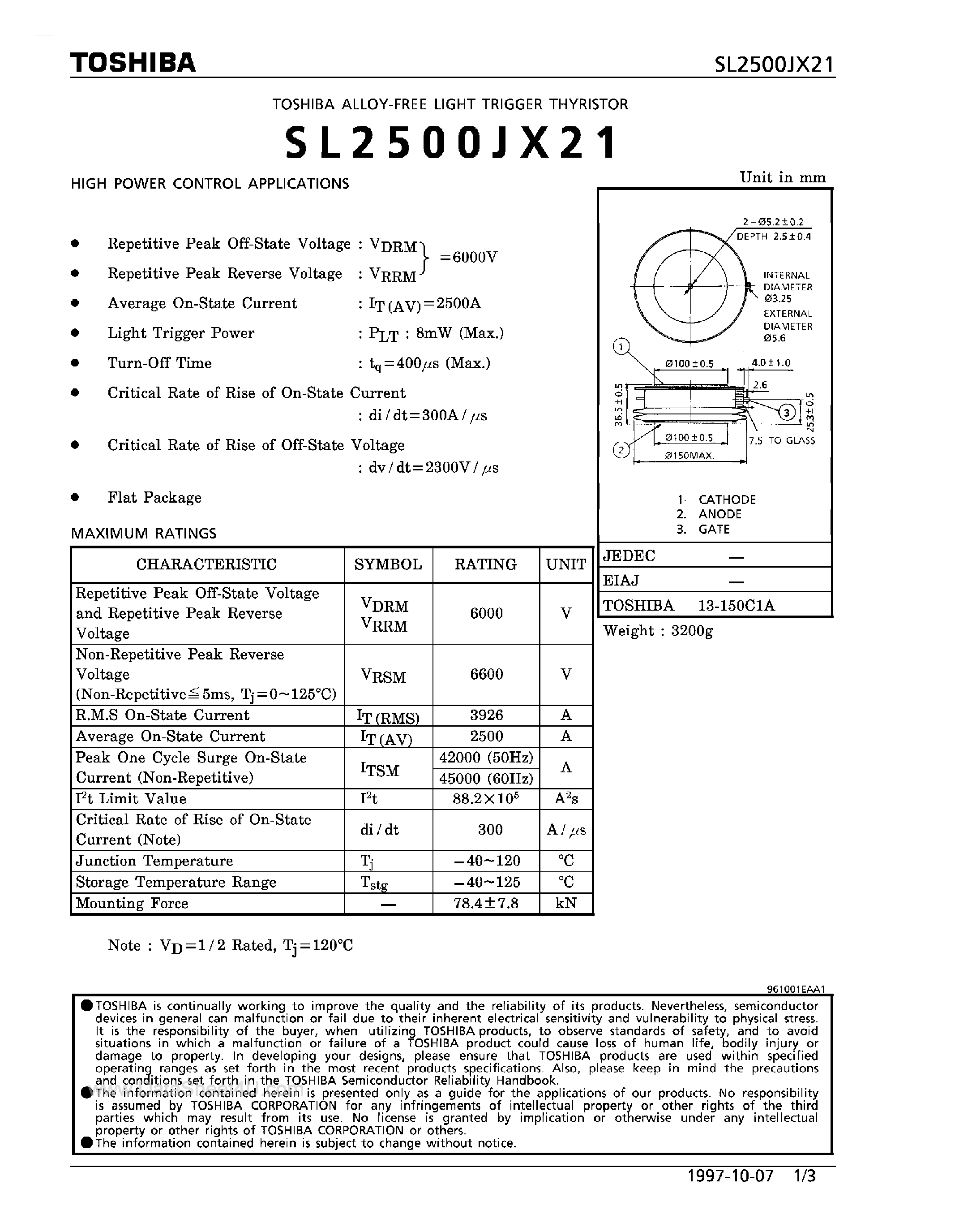 Datasheet SL2500JX21 - High Power Control Applications page 1