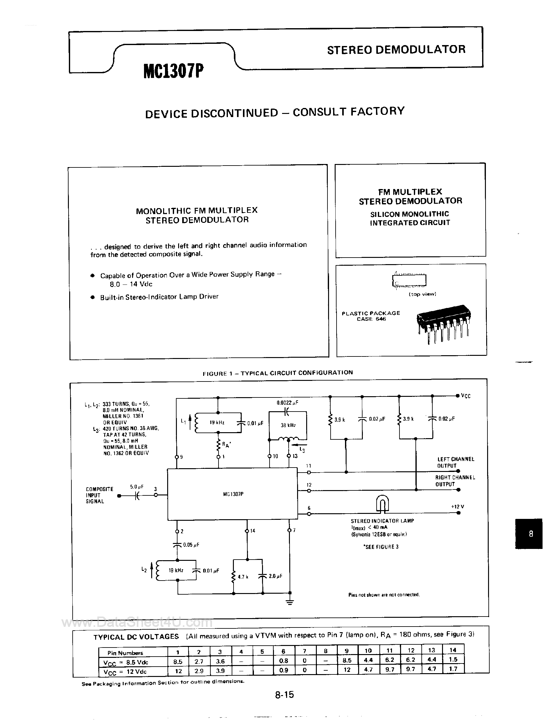 Datasheet MC1307P - Device Discontinued - Stereo Demodulator page 1
