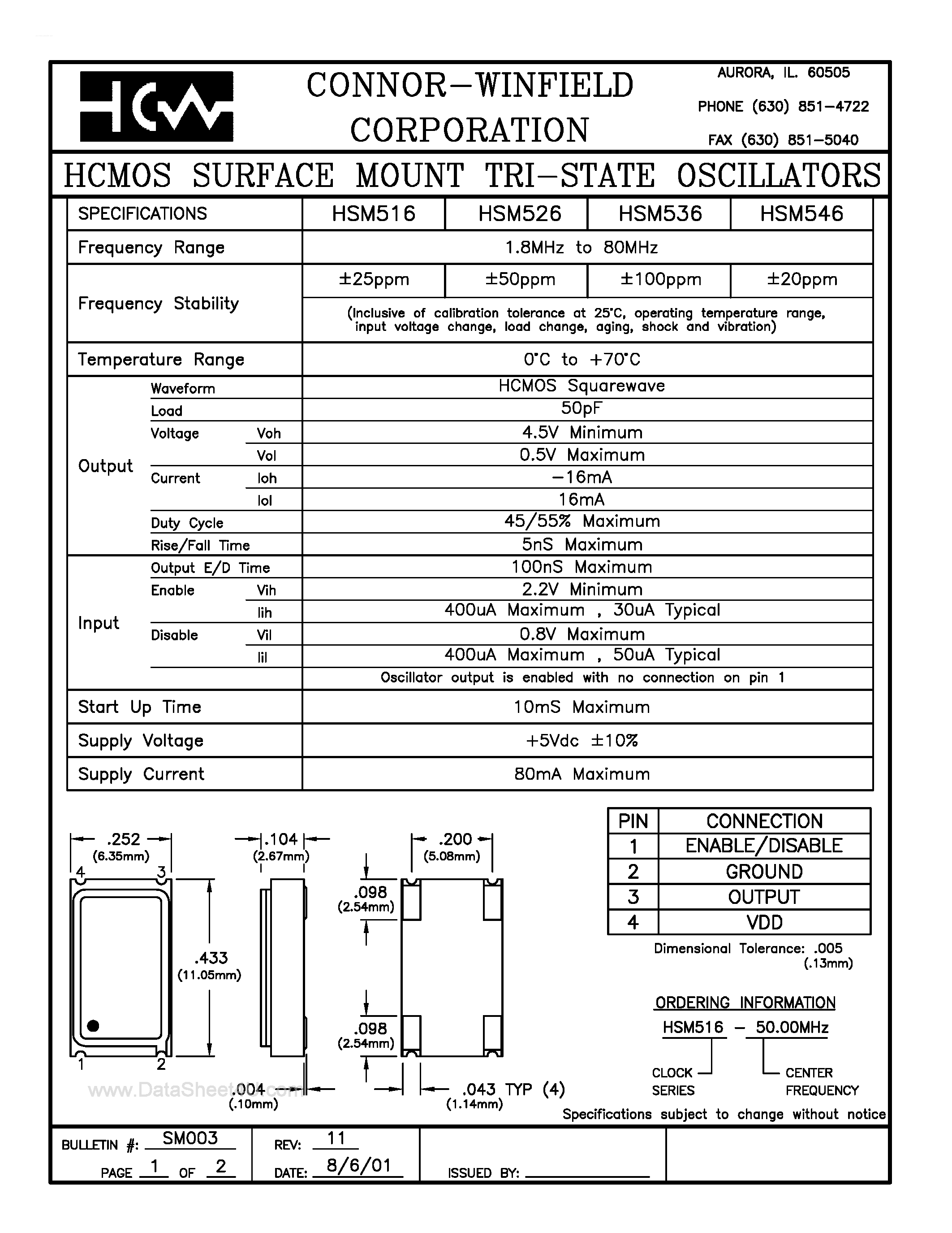 Даташит HSM516 - (HSM516 - HSM546) HCMOS Surface Mount Tri-State Oscillators страница 1