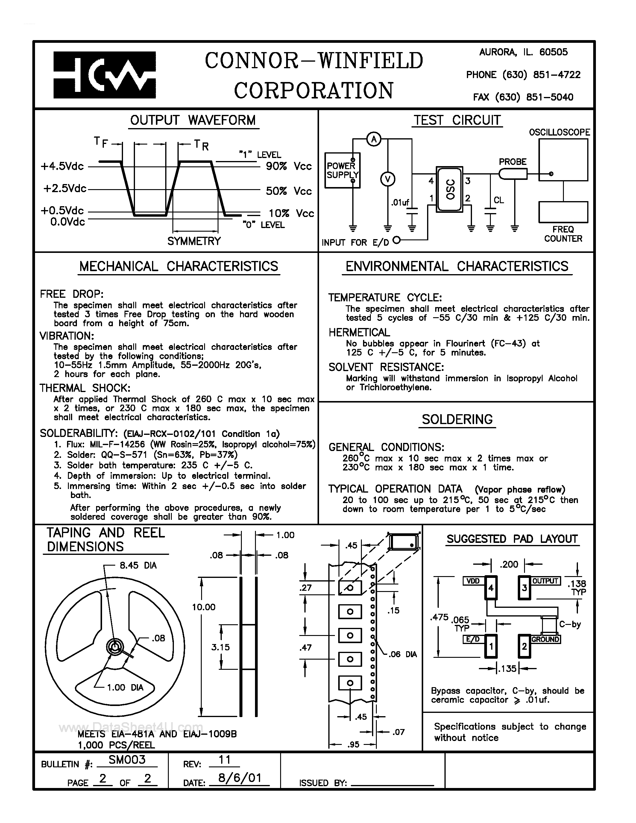 Даташит HSM516 - (HSM516 - HSM546) HCMOS Surface Mount Tri-State Oscillators страница 2