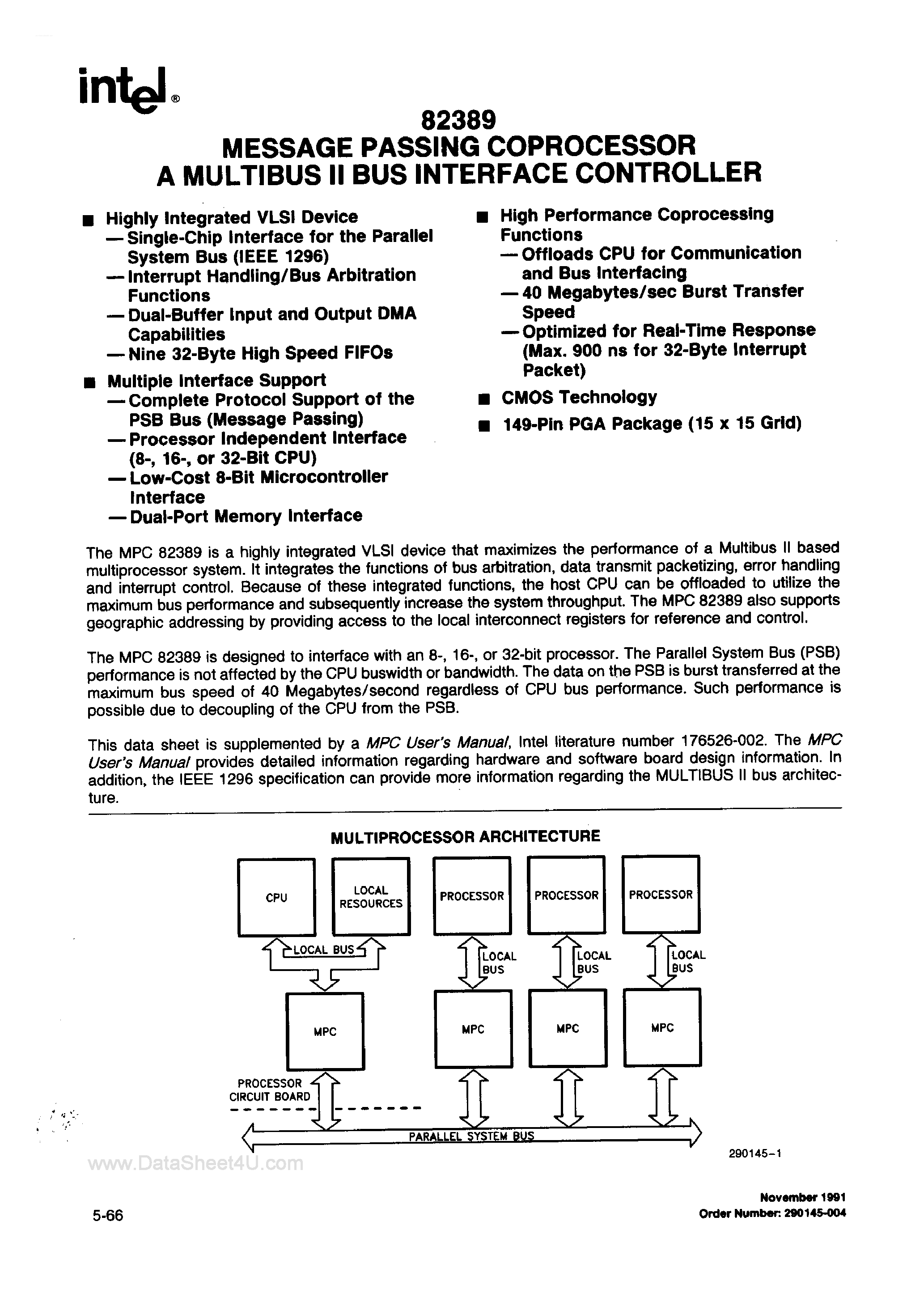 Datasheet A82389 - Message Passing Coprocessor A Multibus II Bus Interface Controller page 1