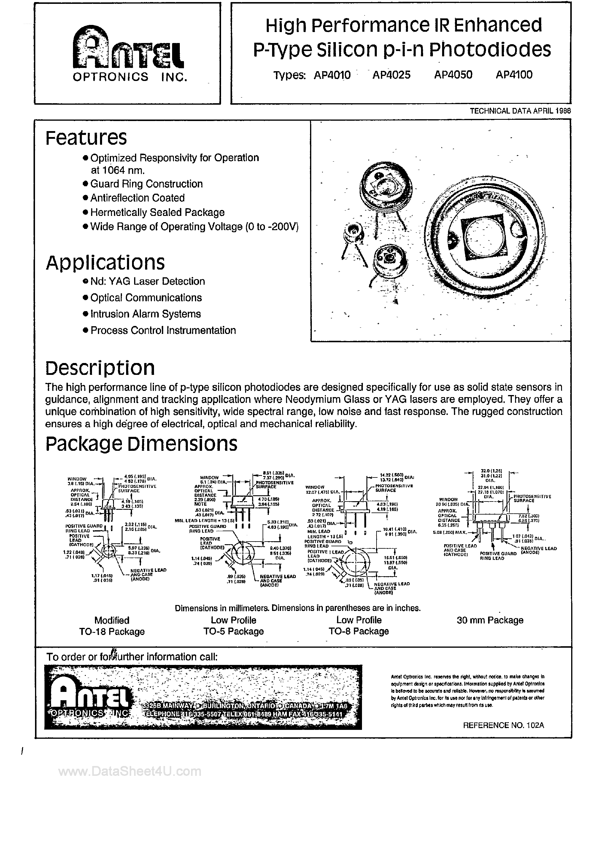 Даташит AP4010 - (AP4010 - AP4100) High Performance IR Enhanced P-Type Silicon Photodiodes страница 1