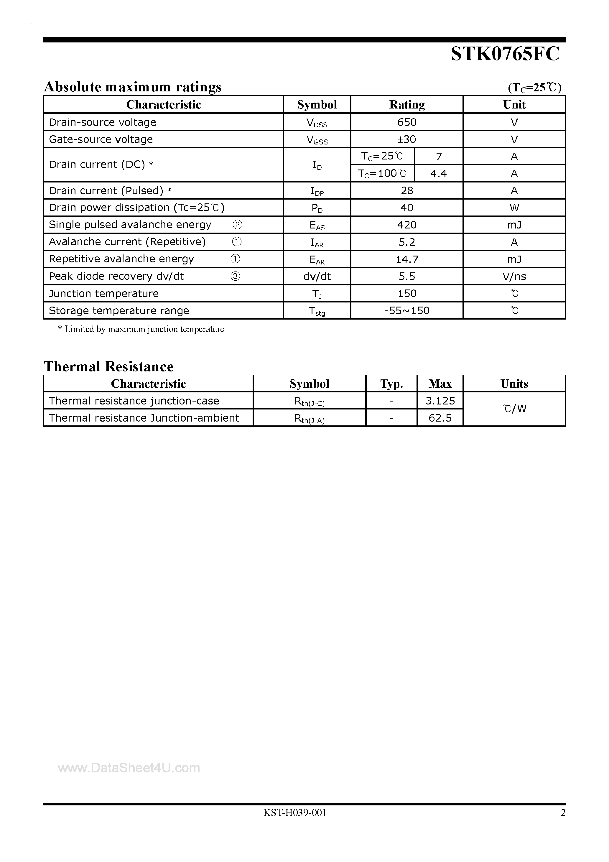 Datasheet STK0765FC page 2 Datasheet STK0765FC - Power MOSFET page 2