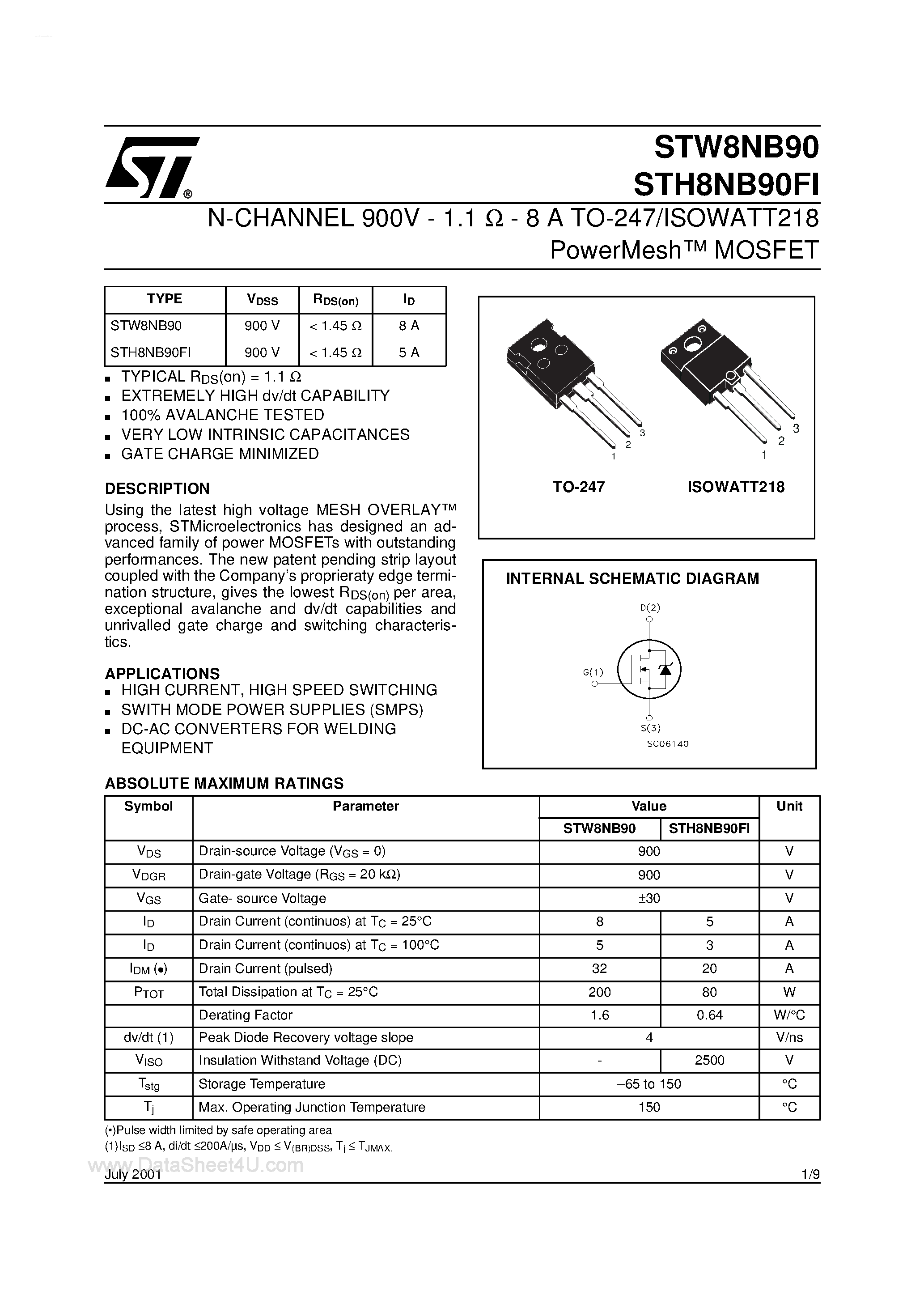 Datasheet STW8NB90 - N-CHANNEL MOSFET page 1