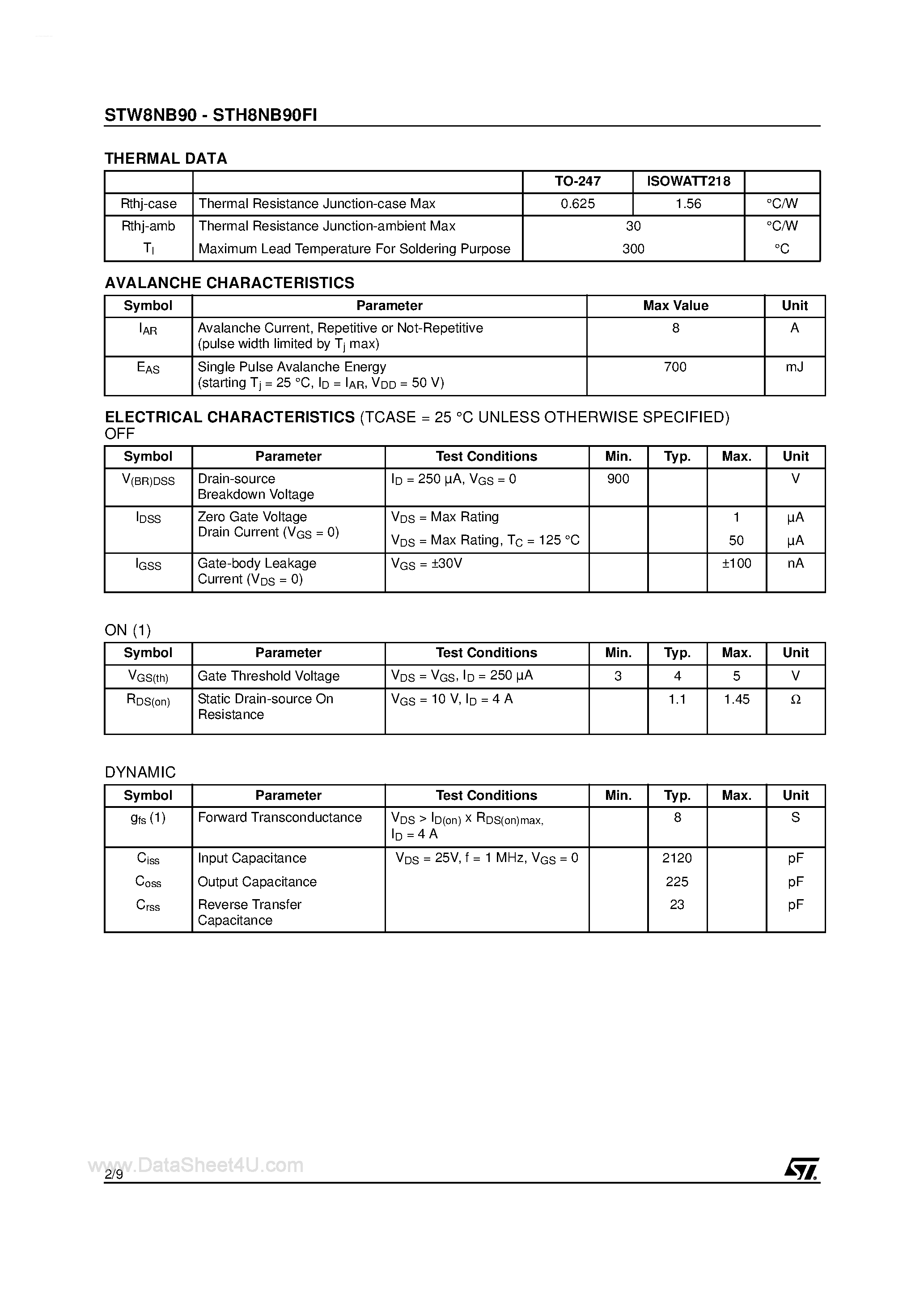 Datasheet STW8NB90 - N-CHANNEL MOSFET page 2