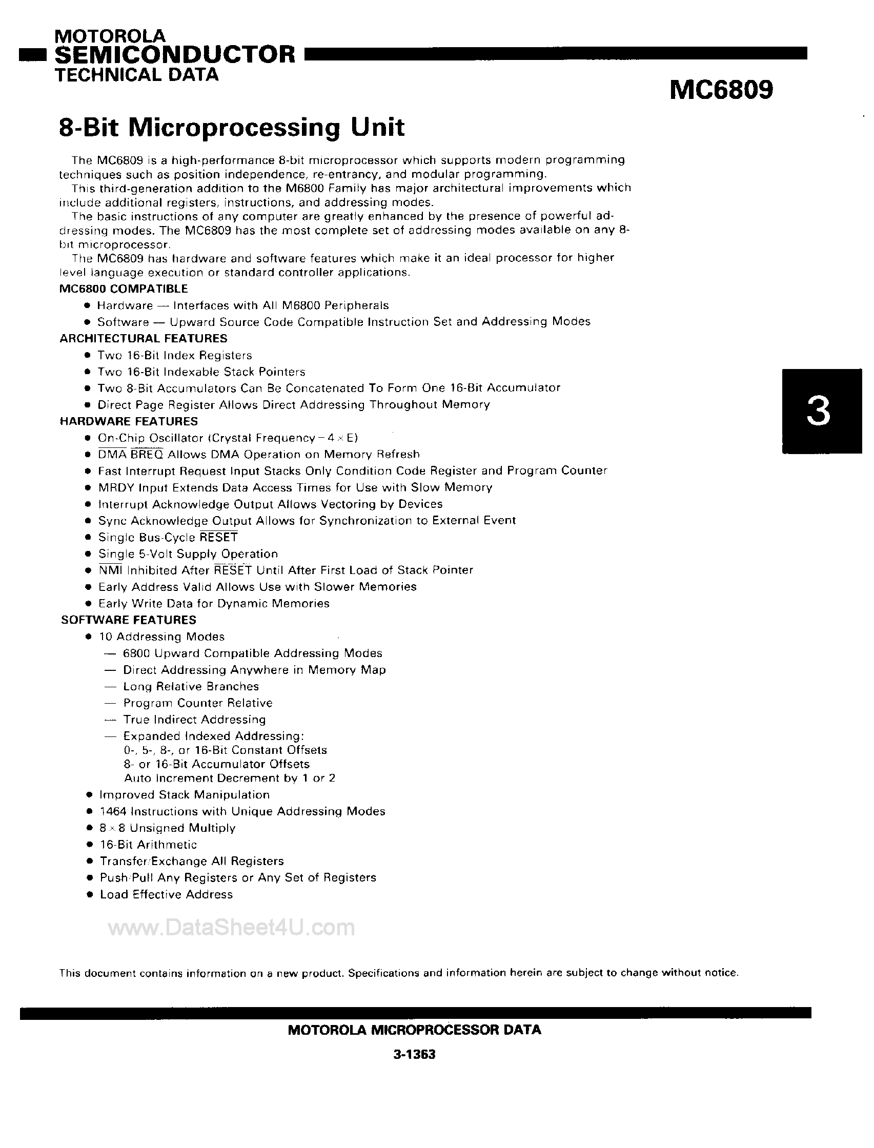 Datasheet MC6809 page 1 Datasheet MC6809 - 8-Bit Microprocessing Unit page 1
