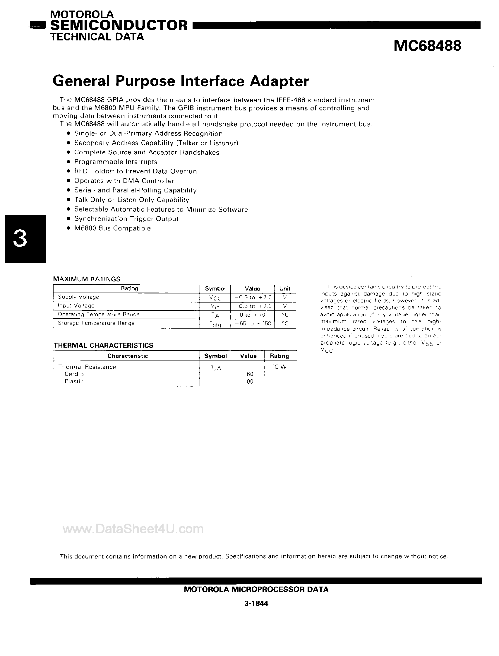 Datasheet MC68488 - GENERAL PURPOSE INTERFACE ADAPTER page 1
