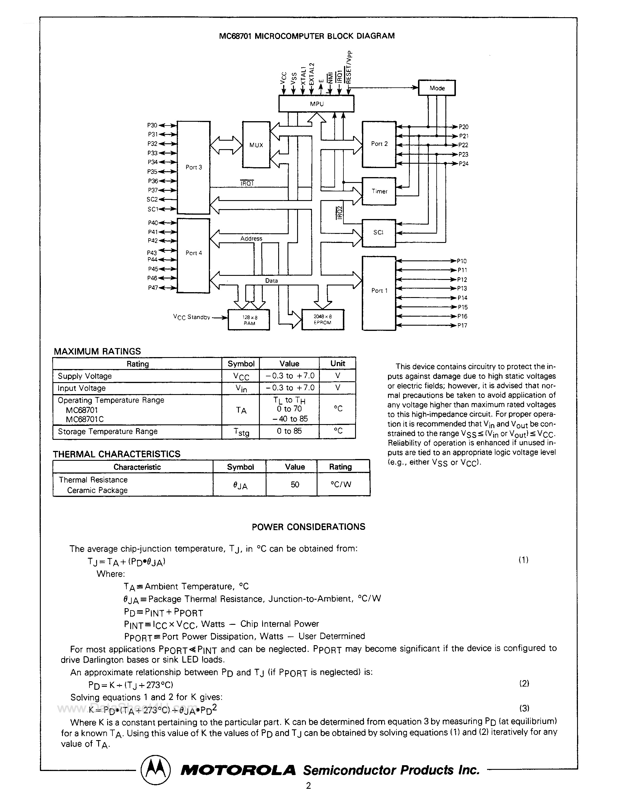 Datasheet MC68701 - MICROCOMPUTER WITH EPROM page 2