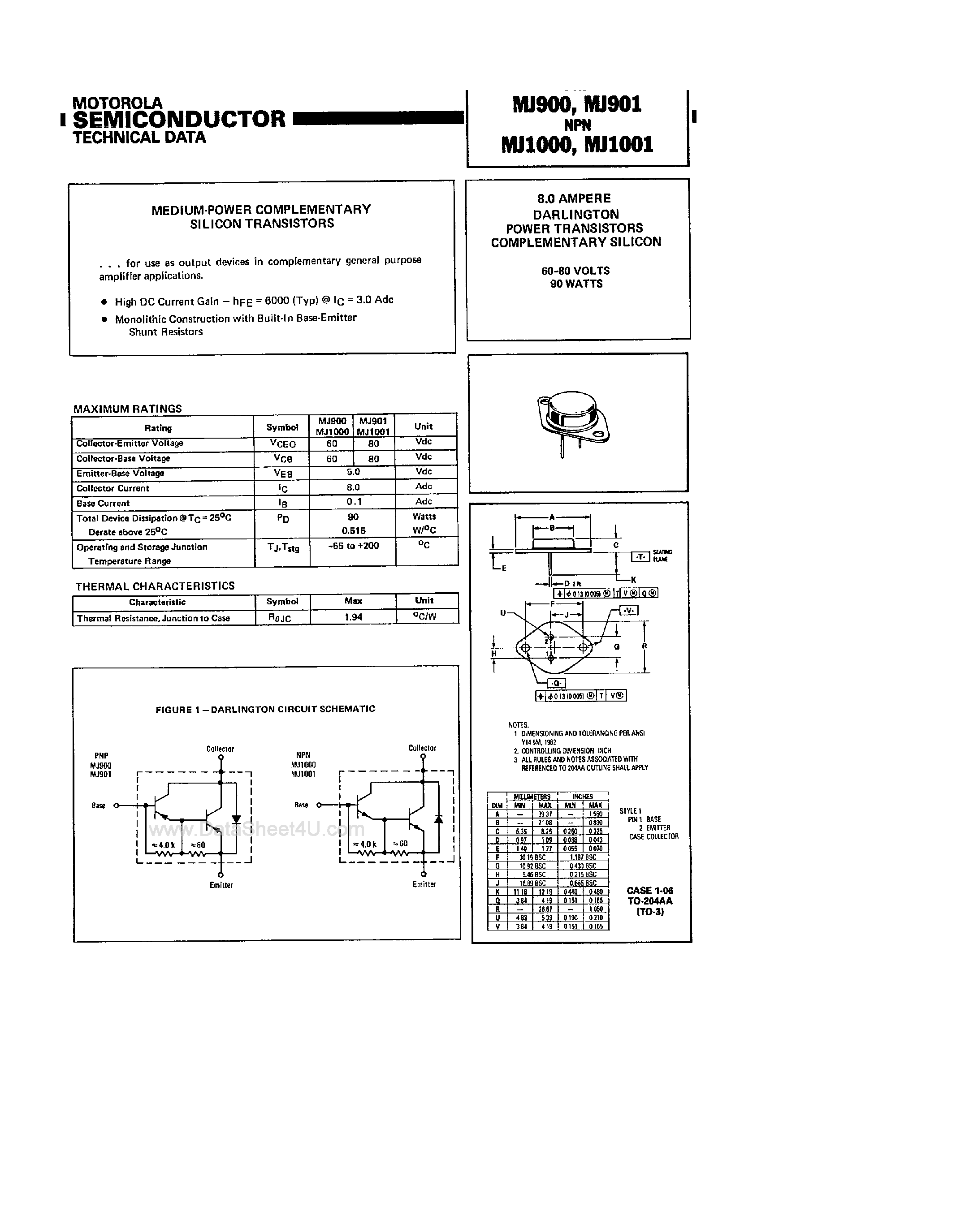 Даташит MJ900 - (MJ900 / MJ901) Complementary Power Transistors страница 1