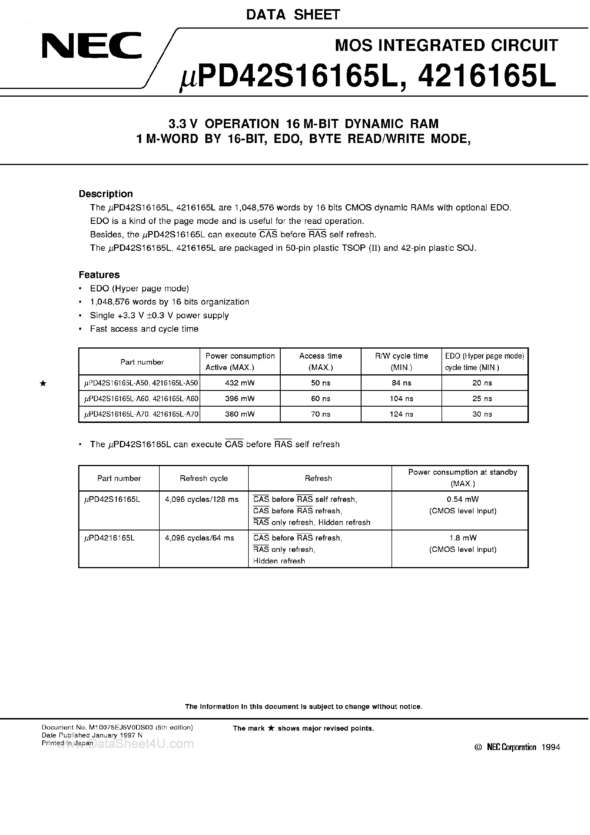 Datasheet UPD4216165L - 3.3V Operation 16M-Bit DRAM page 1