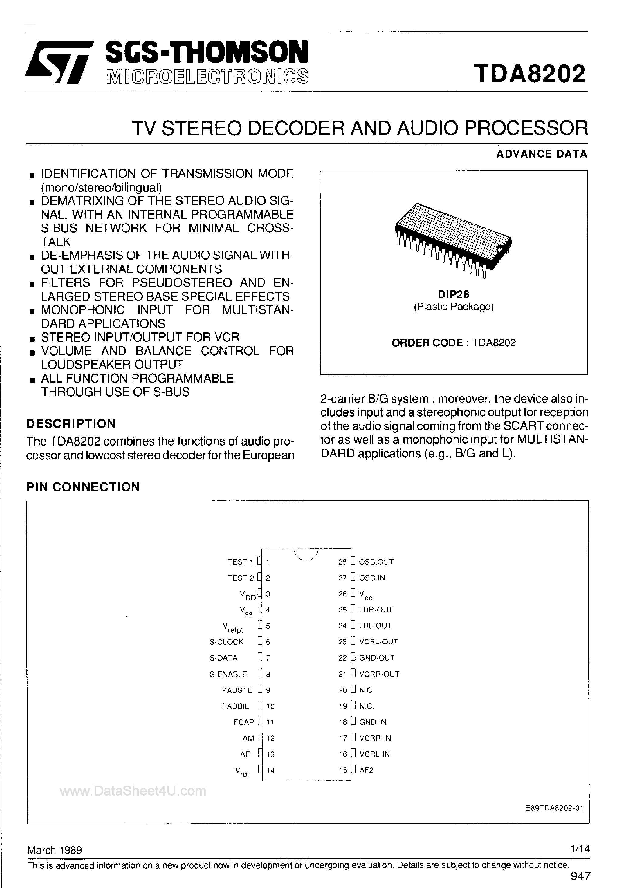 Даташит TDA8202 - TV Stereo Decoder and Audio Processor страница 1
