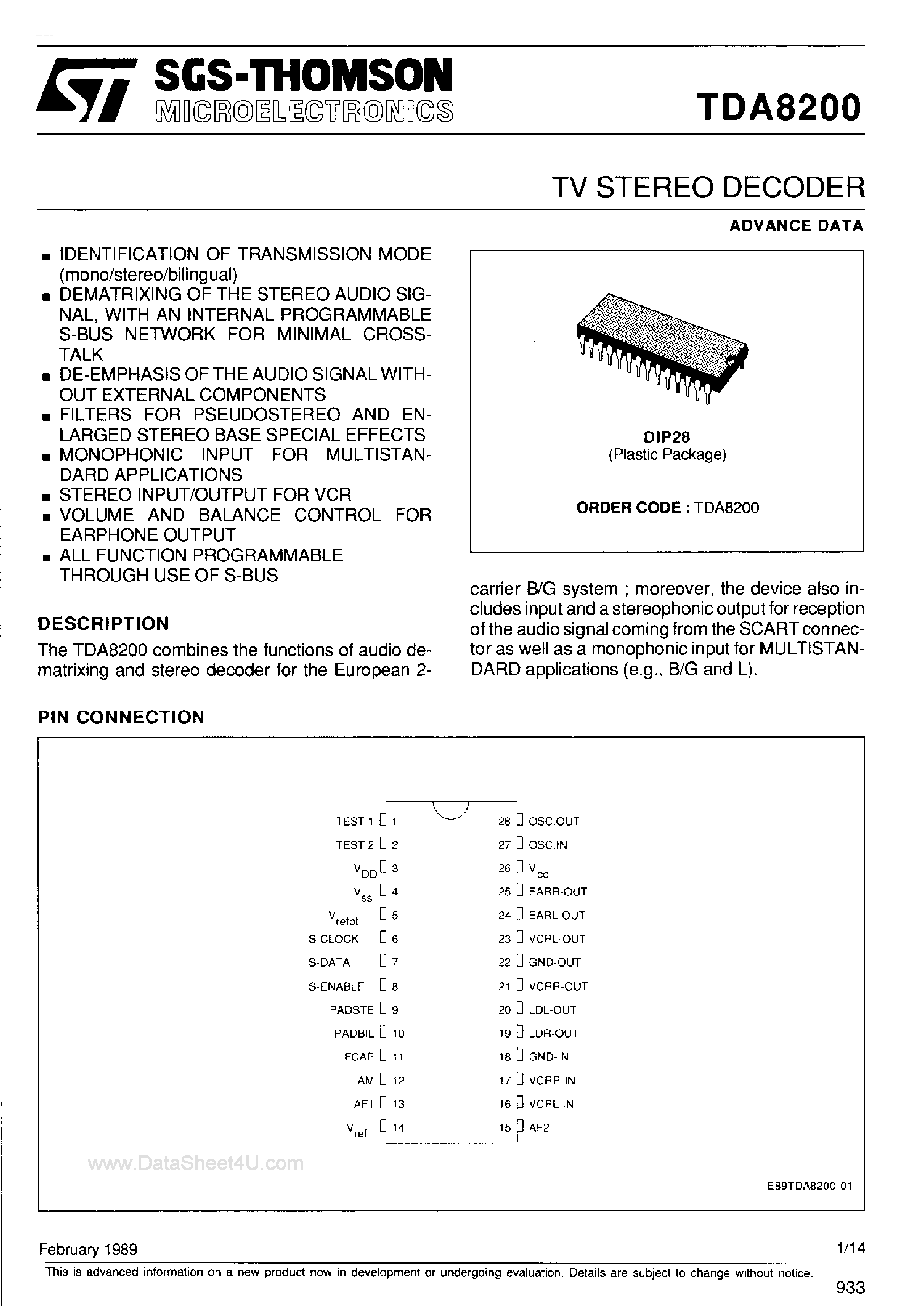 Datasheet TDA8200 - TV Stereo Decoder page 1