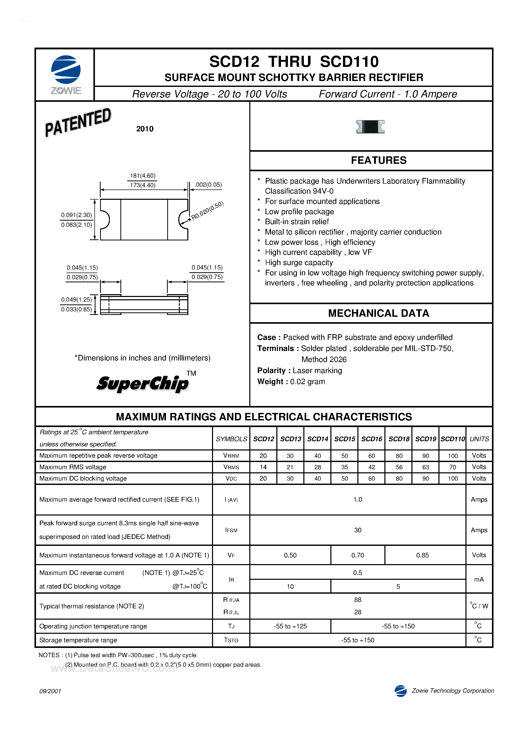 Datasheet SCD110 - (SCD12 - SCD110) Surface Mount Schottky Barrier Rectifier page 1