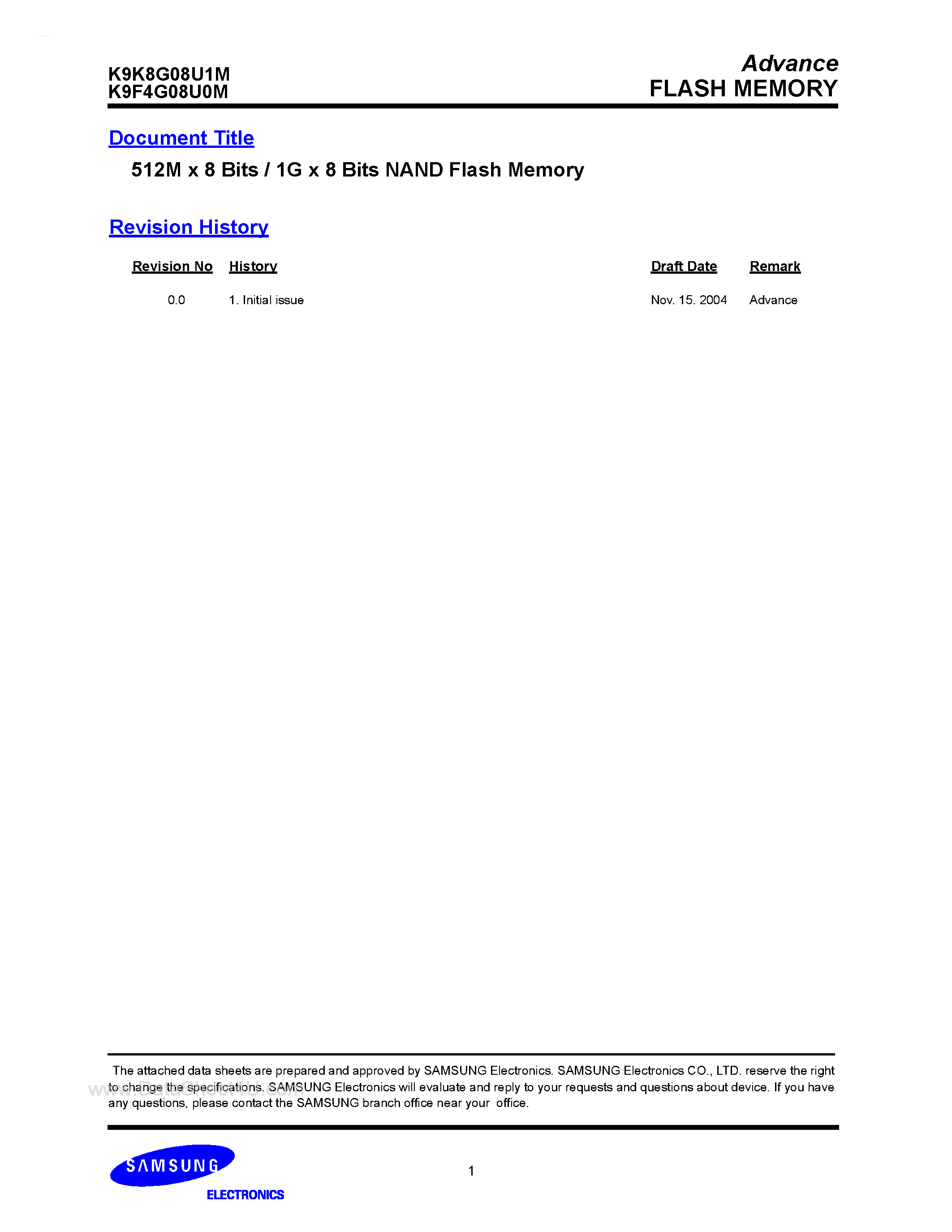 Datasheet K9F4G08U0M - 512M x 8 Bits / 1G x 8 Bits NAND Flash Memory page 1