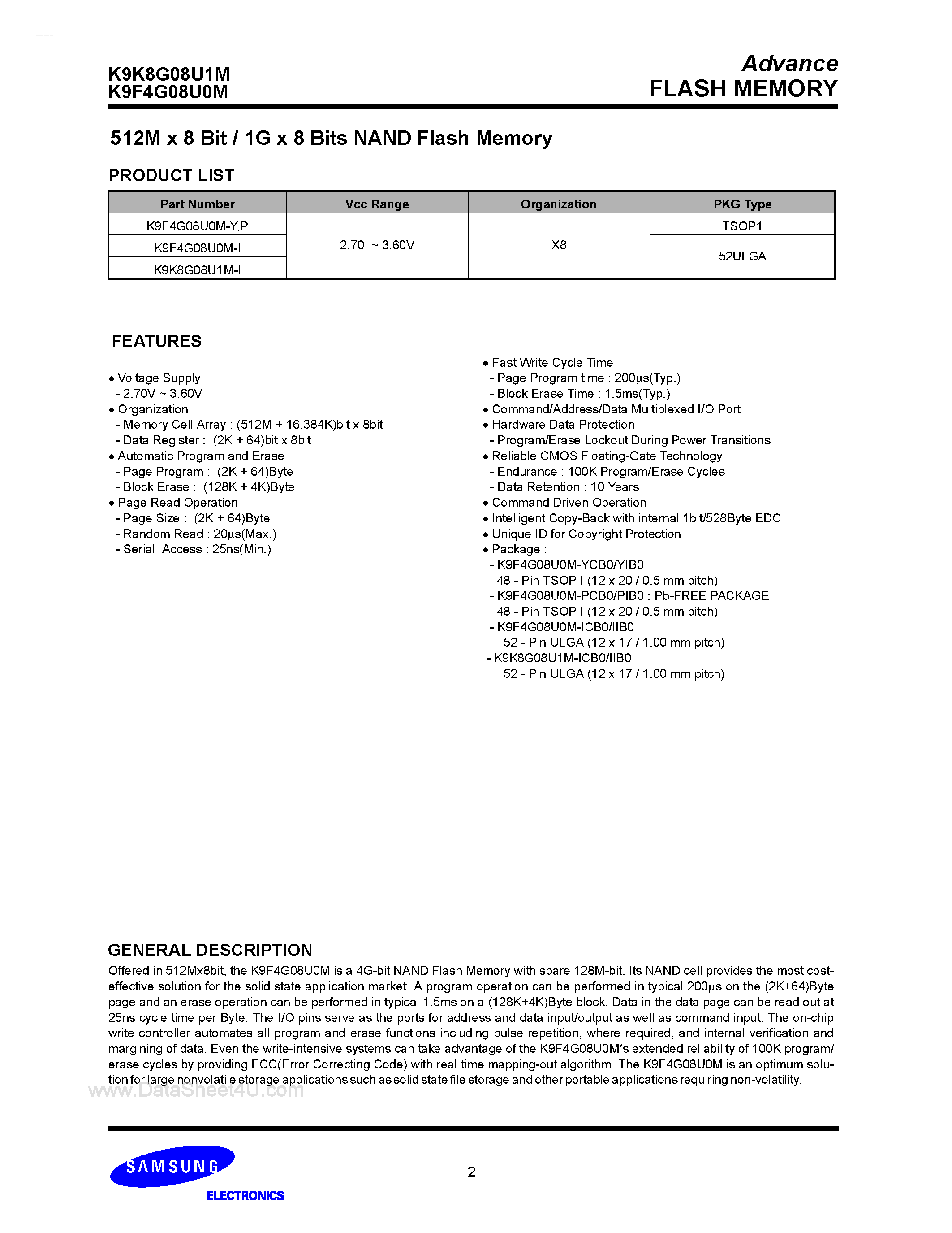 Datasheet K9F4G08U0M - 512M x 8 Bits / 1G x 8 Bits NAND Flash Memory page 2
