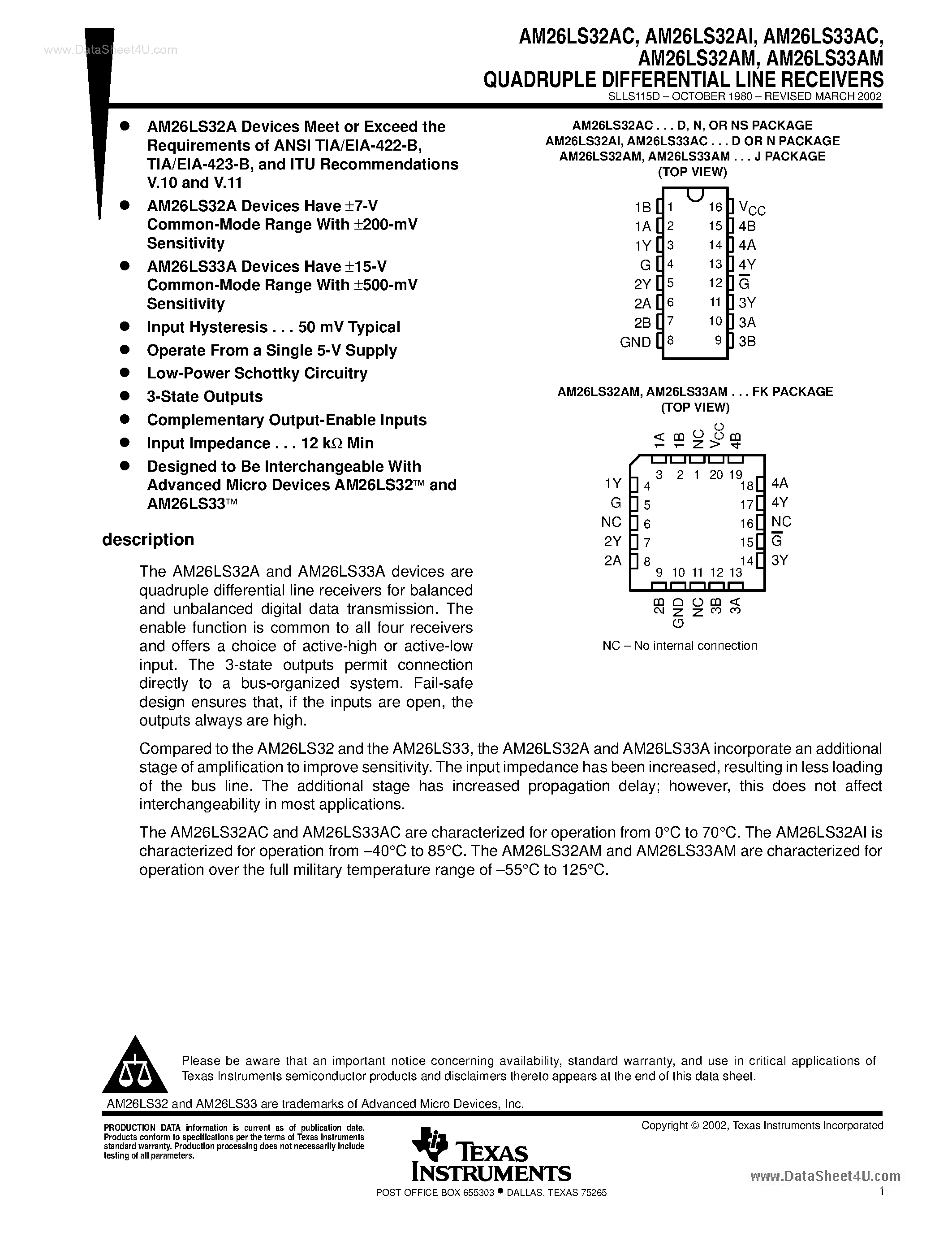 Datasheet 26LS33AC - Search -----> AM26LS33AC / DS26LS33AC page 1