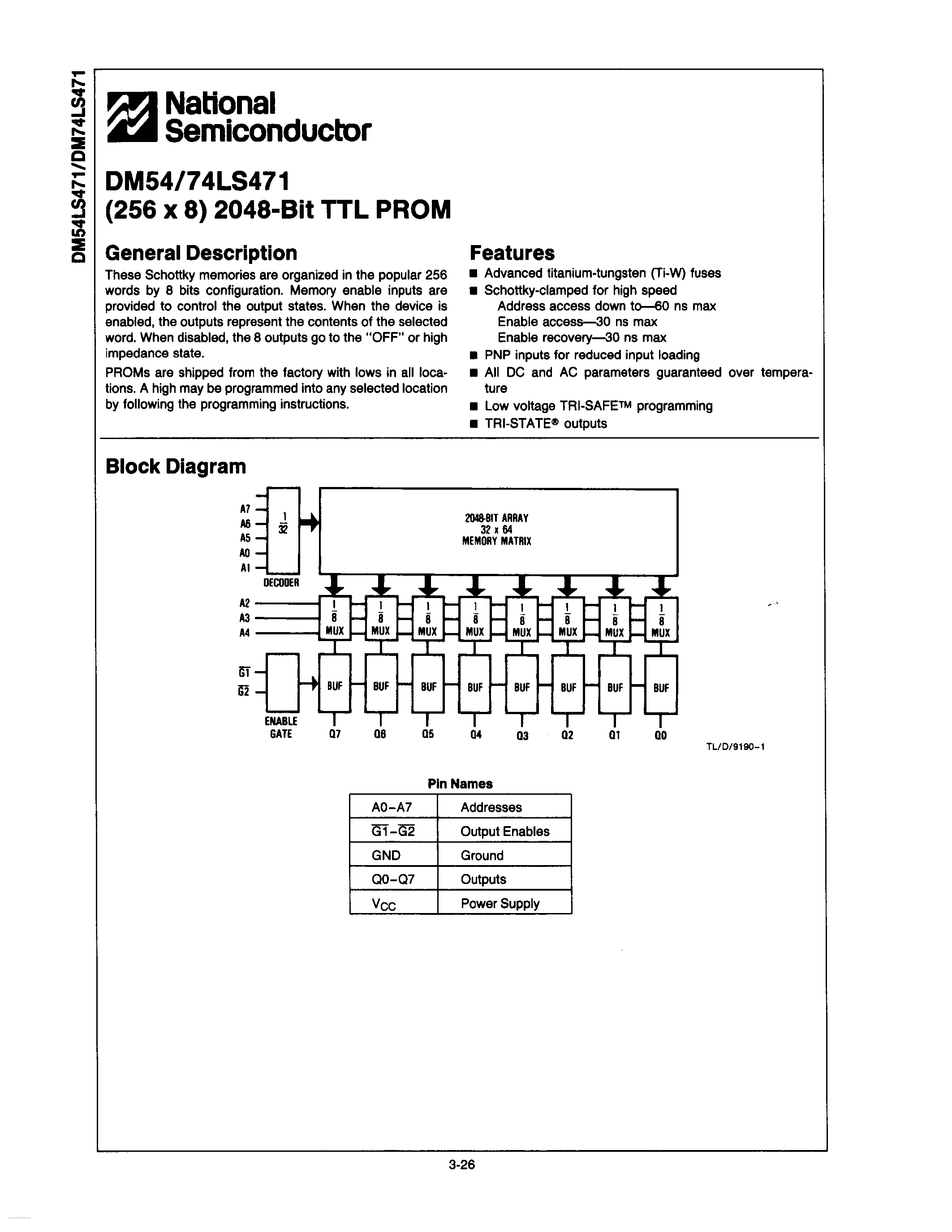 Datasheet DM74LS471 page 1 Datasheet DM74LS471 - (256 X 8) 2048-BIT TTL PROM page 1