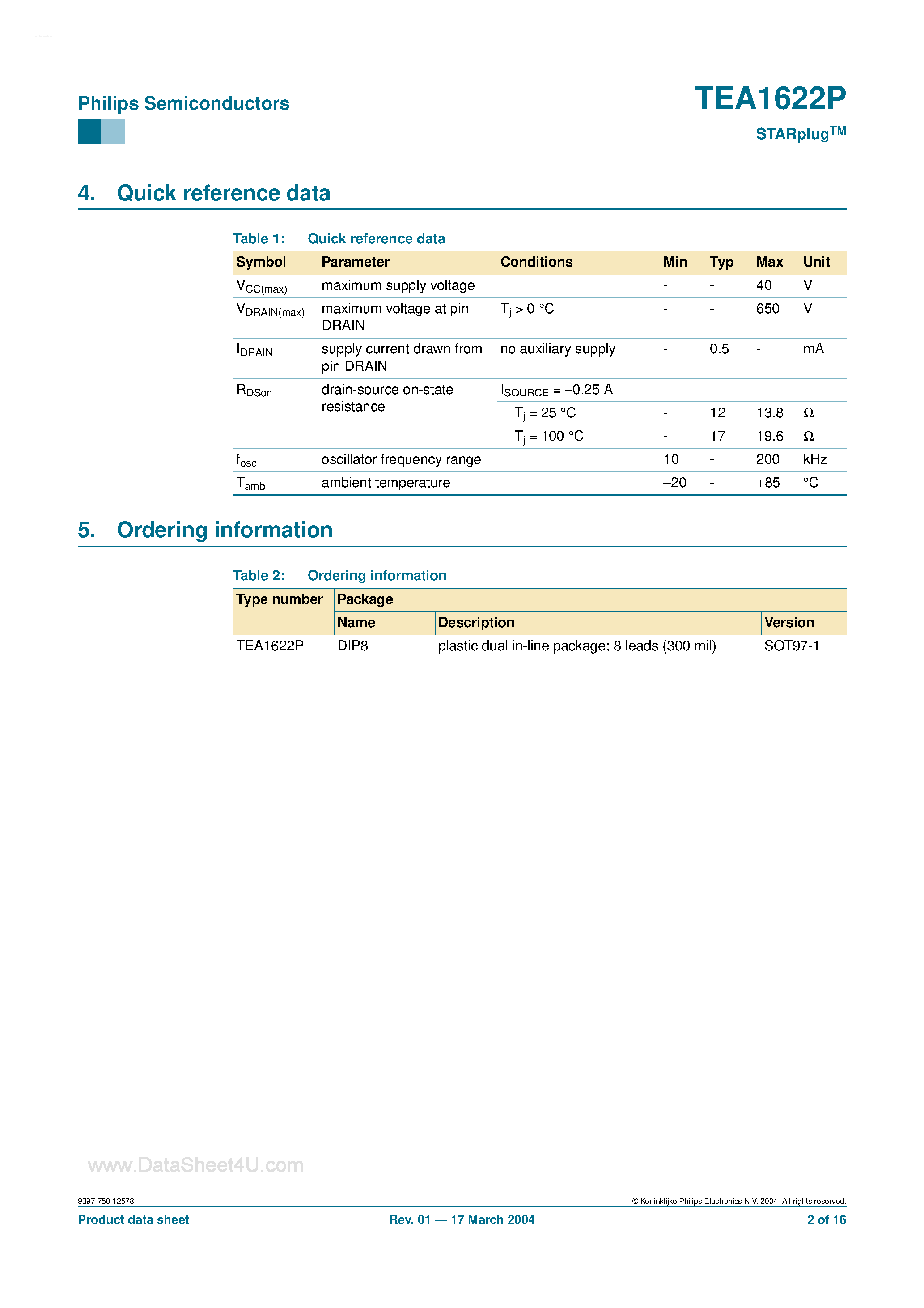 Даташит TEA1622P - STARplugTM страница 2
