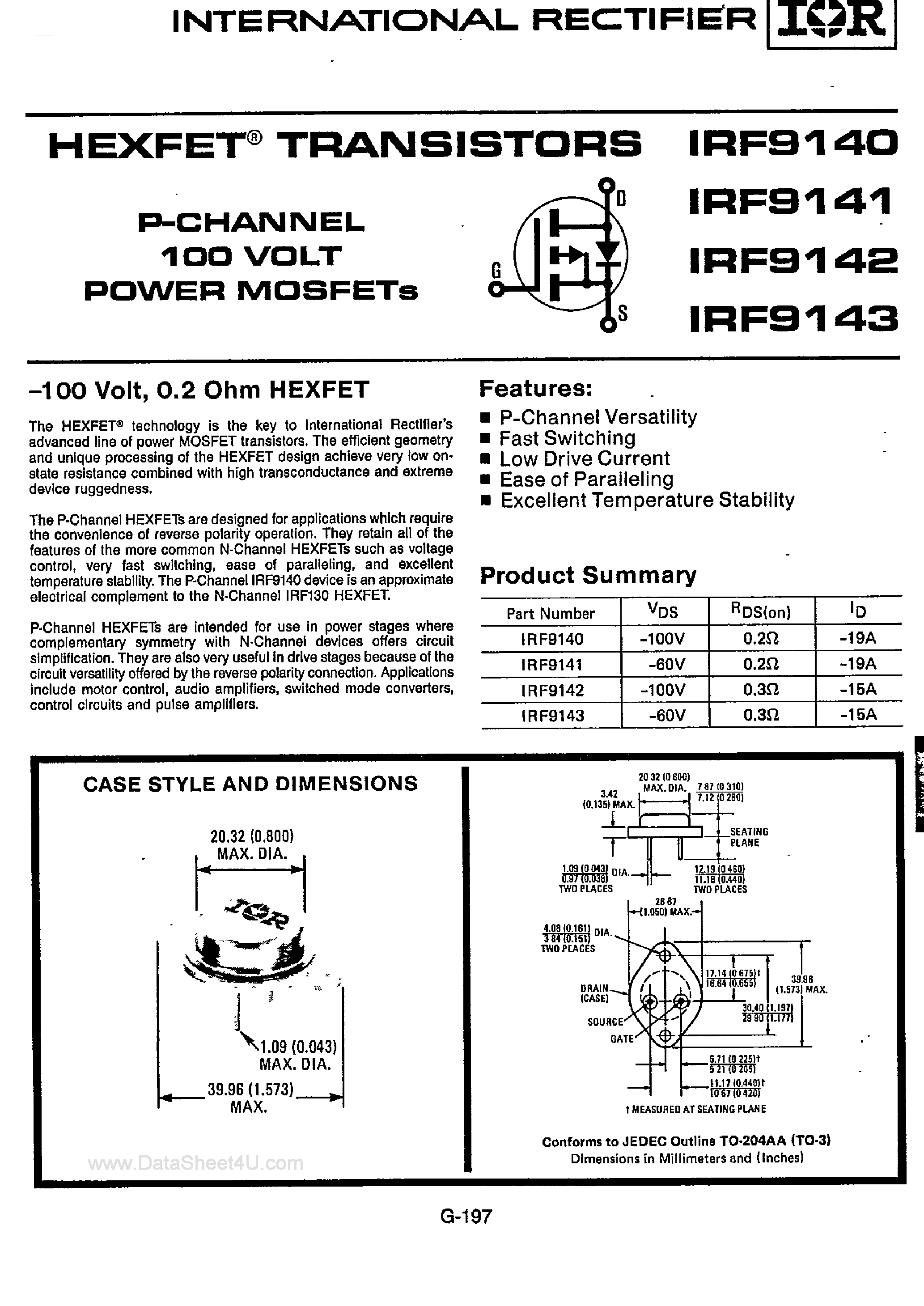 Datasheet IRF9140 page 1 Datasheet IRF9140 - (IRF9140 - IRF9143) P-Channel 100V Power MOSFETs page 1