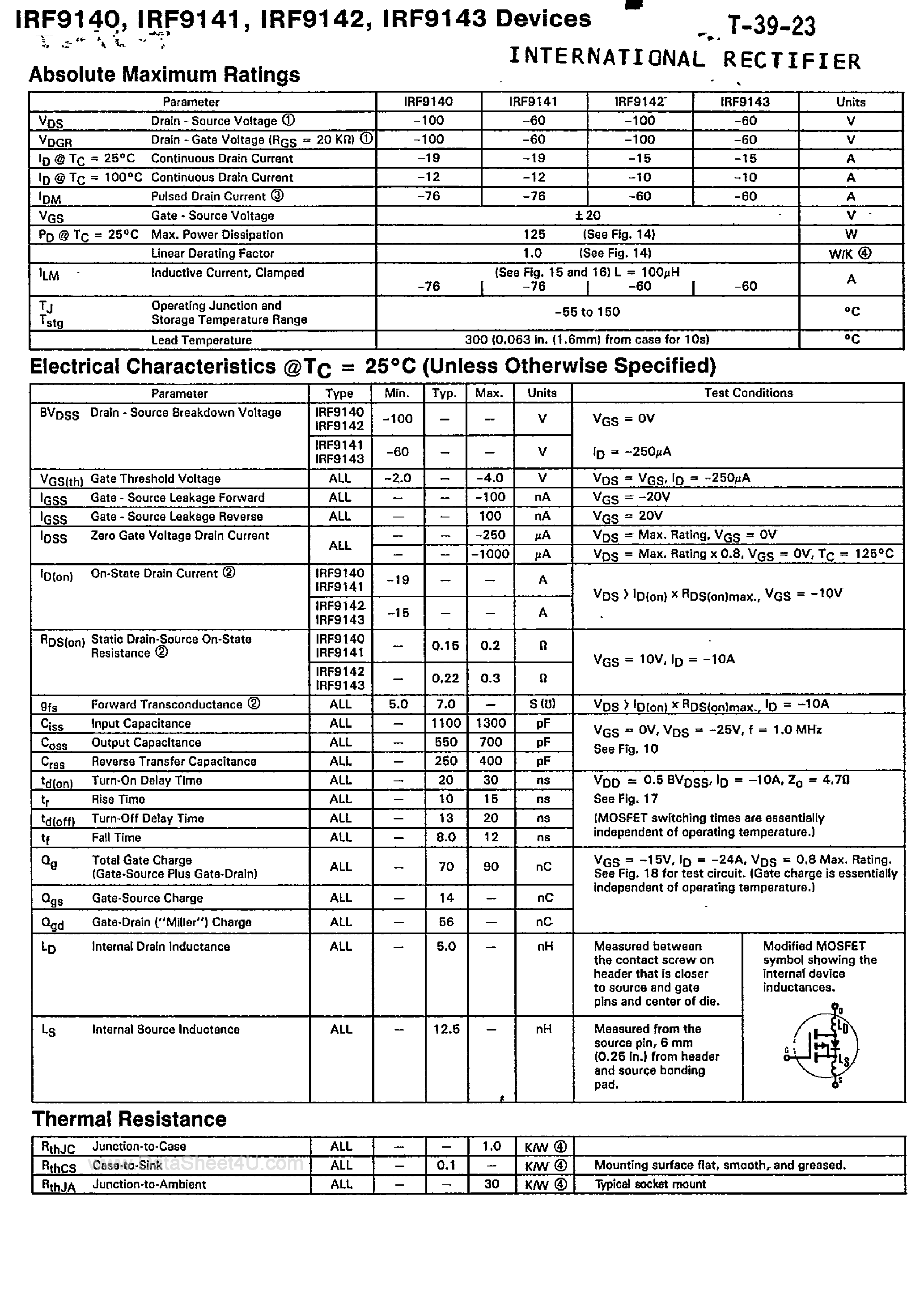 Datasheet IRF9140 page 2 Datasheet IRF9140 - (IRF9140 - IRF9143) P-Channel 100V Power MOSFETs page 2