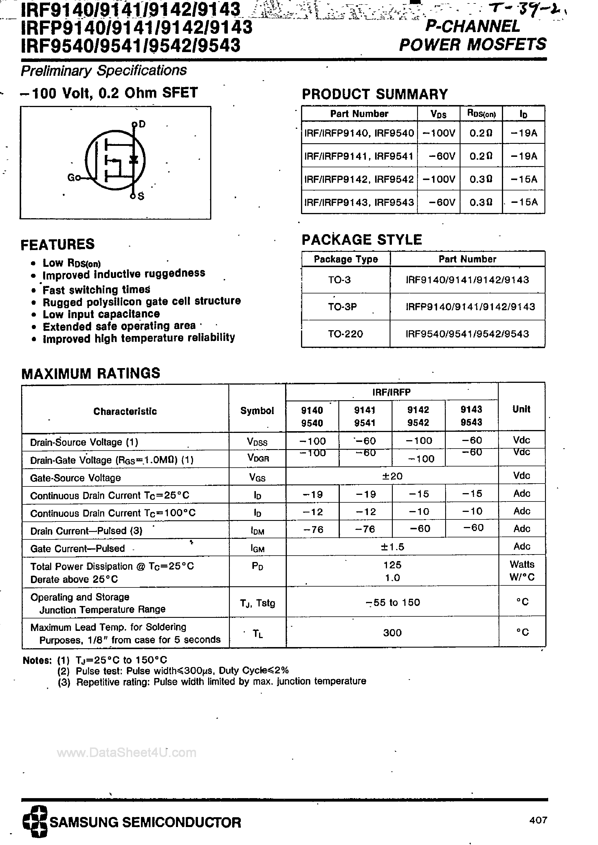 Даташит на микросхему IRF9140 страница 1 Даташит IRF9140 - (IRF9140 - IRF9143) P-Channel Power MOSFETs страница 1
