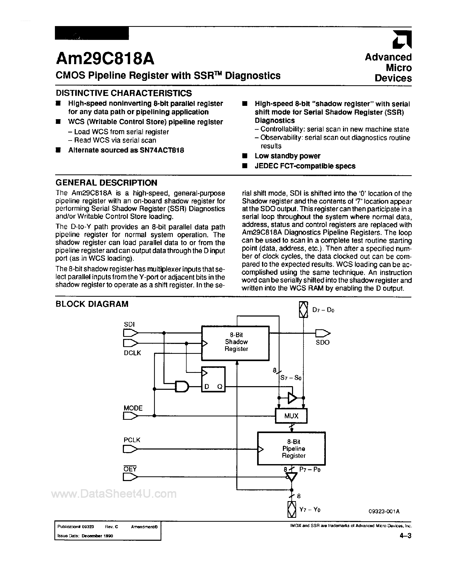 Datasheet AM29C818A - CMOS PIPELINE REGISTER WITH SSR DIAGNOSTICS page 1