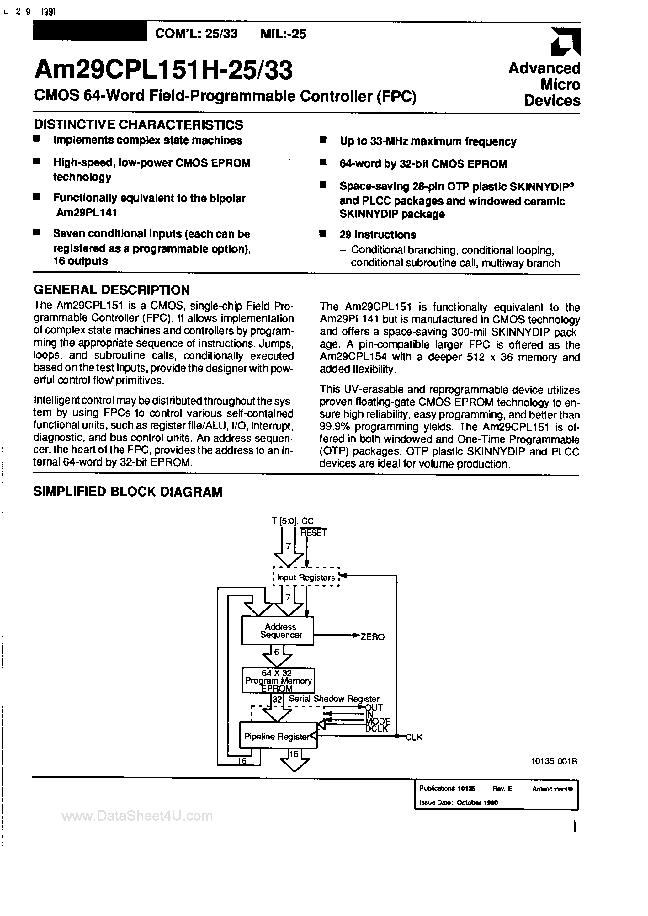 Datasheet AM29CPL151H-25 page 1 Datasheet AM29CPL151H-25 - (AM29CPL151H-25/-33) CMOS 64-Word Field Programmable Controller page 1