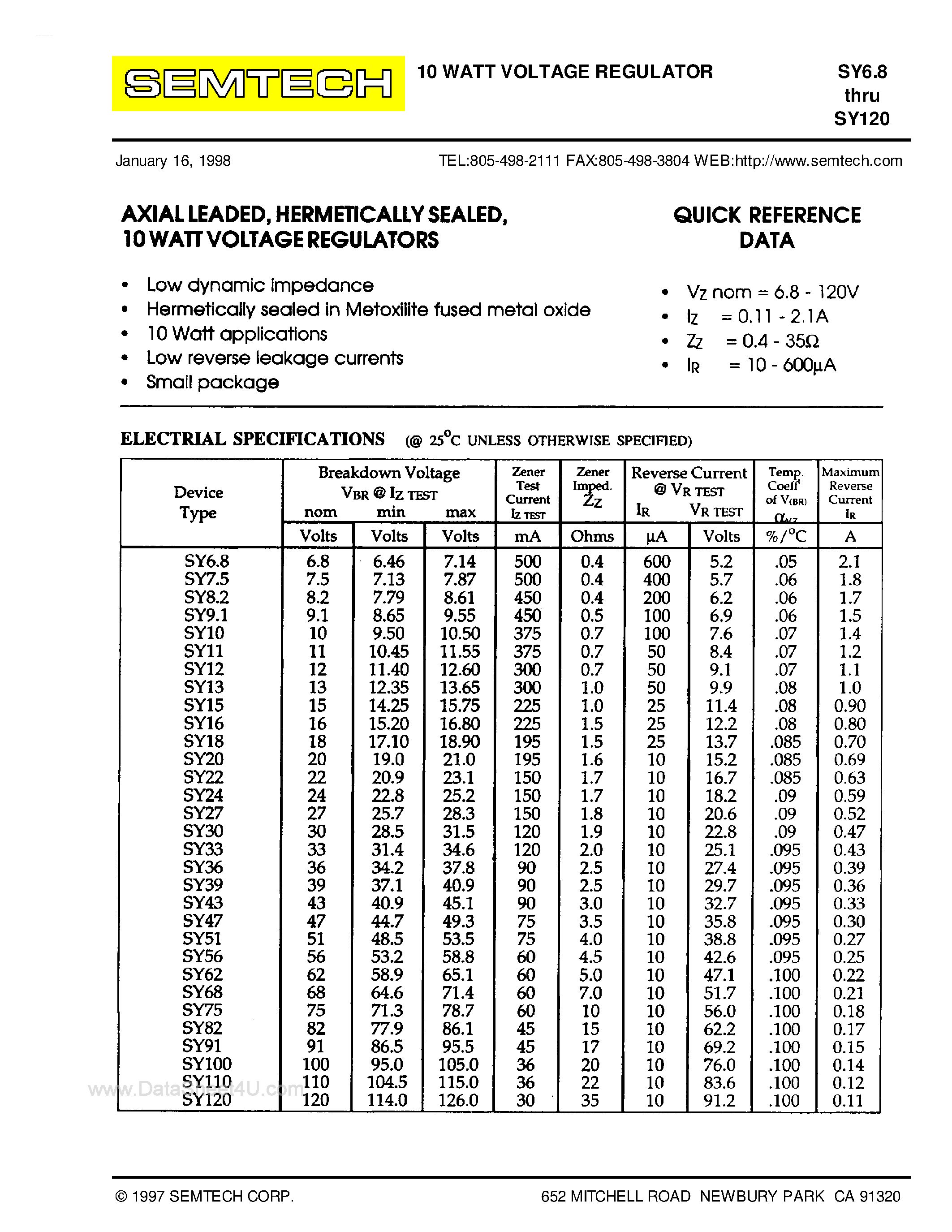 Даташит на микросхему SY20 страница 1 Даташит SY20 - (SY6.8 - SY120) 10 WATT VOLTAGE REGULATOR страница 1