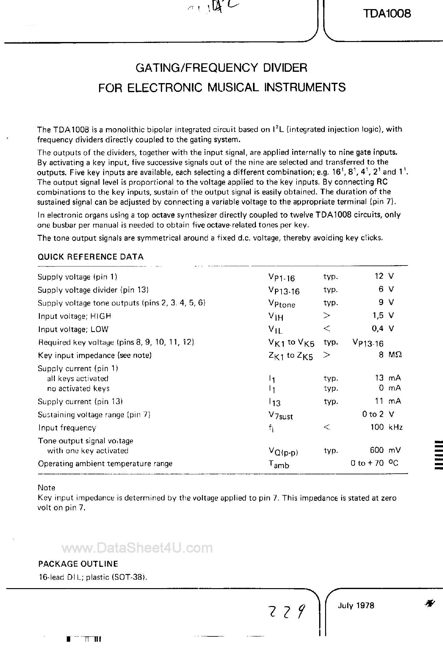 Datasheet TDA1008 page 1 Datasheet TDA1008 - Gating / Frequency Divider page 1