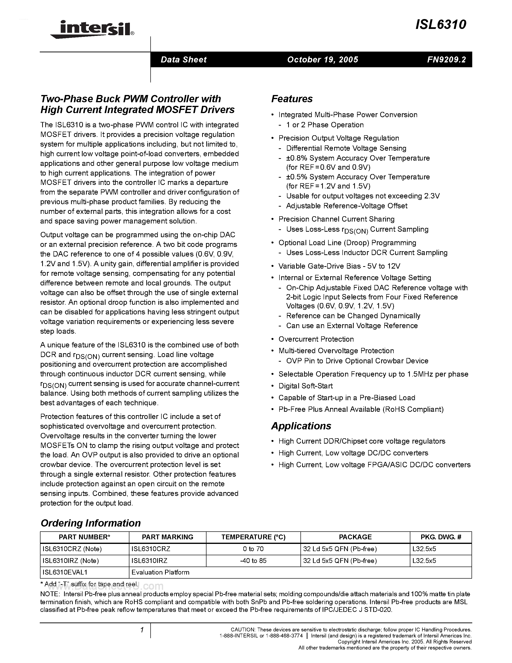 Datasheet ISL6310 - Two-Phase Buck PWM Controller with High Current Intergrated MOSFET Driver page 1