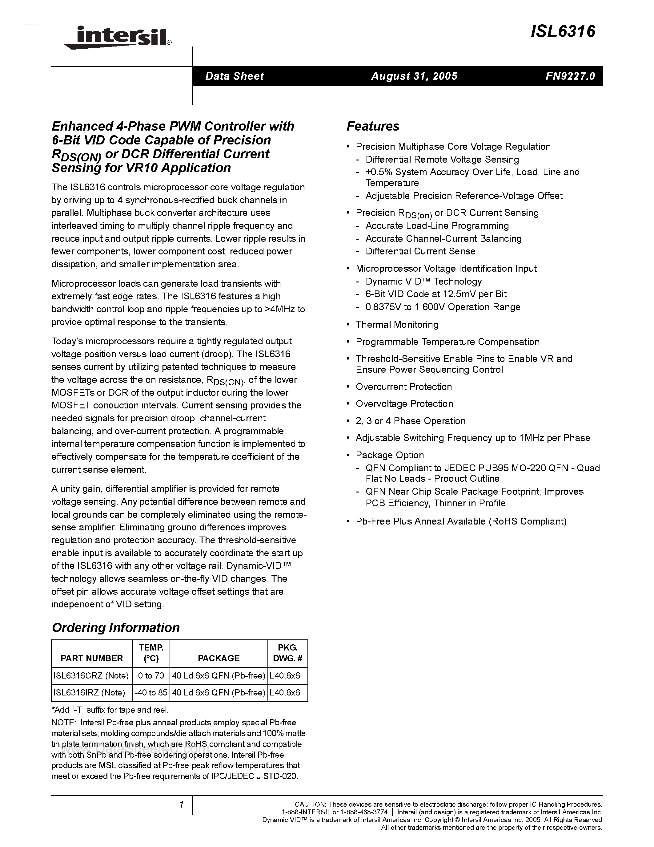 Даташит ISL6316 - Enhanced 4-Phase PWM Controller страница 1