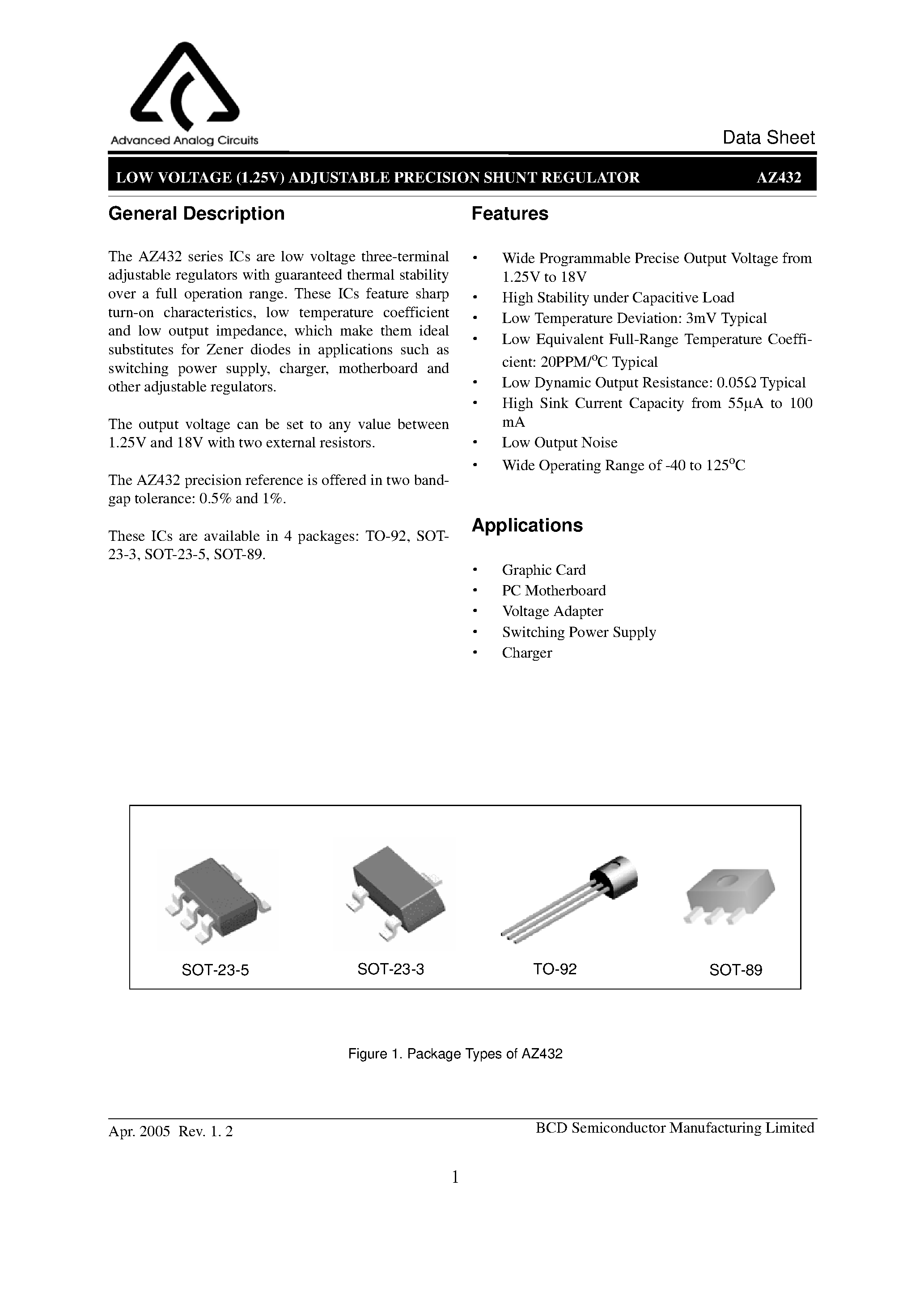 Даташит AZ432 - LOW VOLTAGE (1.25V) ADJUSTABLE PRECISION SHUNT REGULATOR страница 1