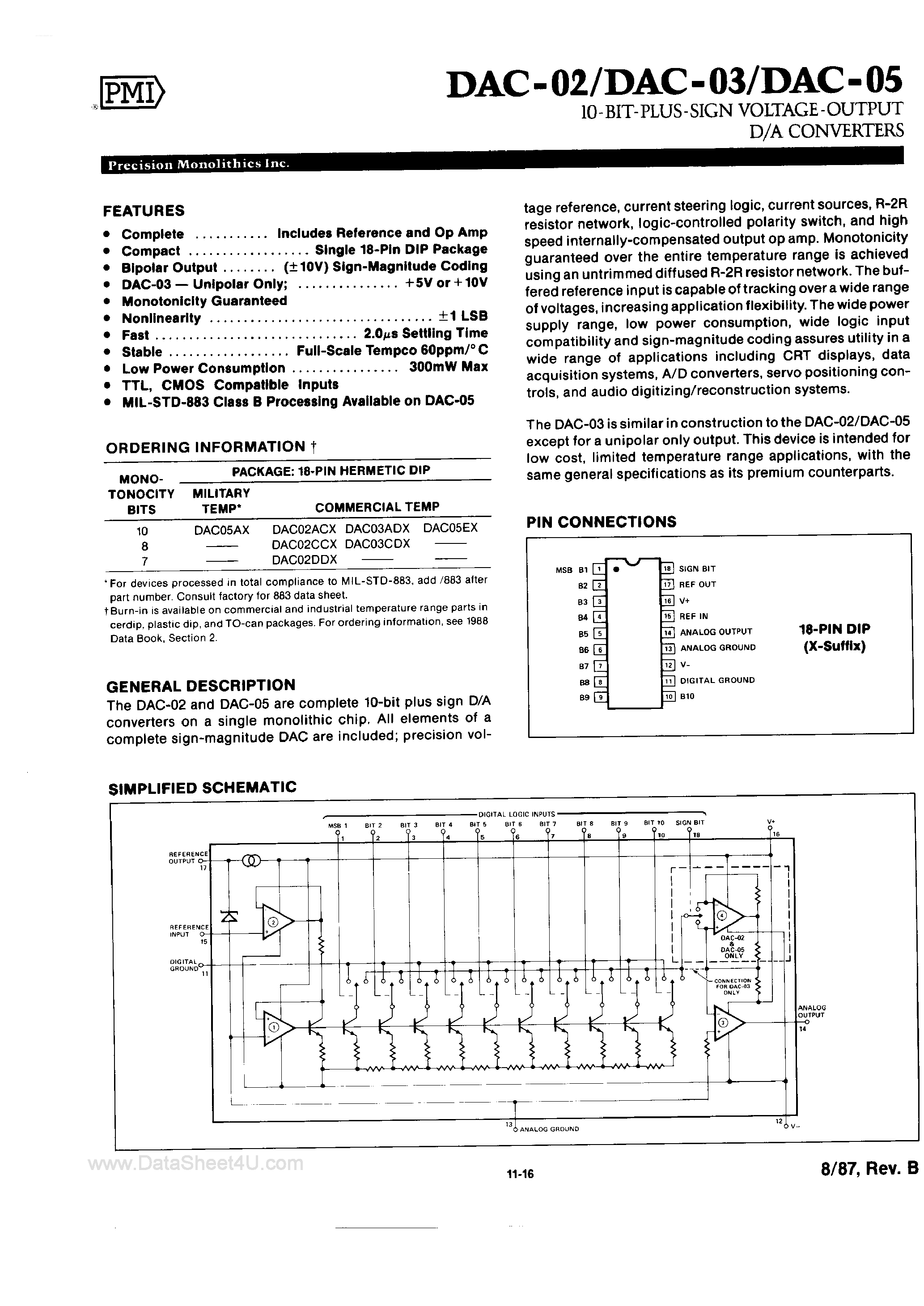 Даташит DAC-02 - (DAC-0x) 10-Bit Plus Sign Voltage Output D/A Converters страница 1