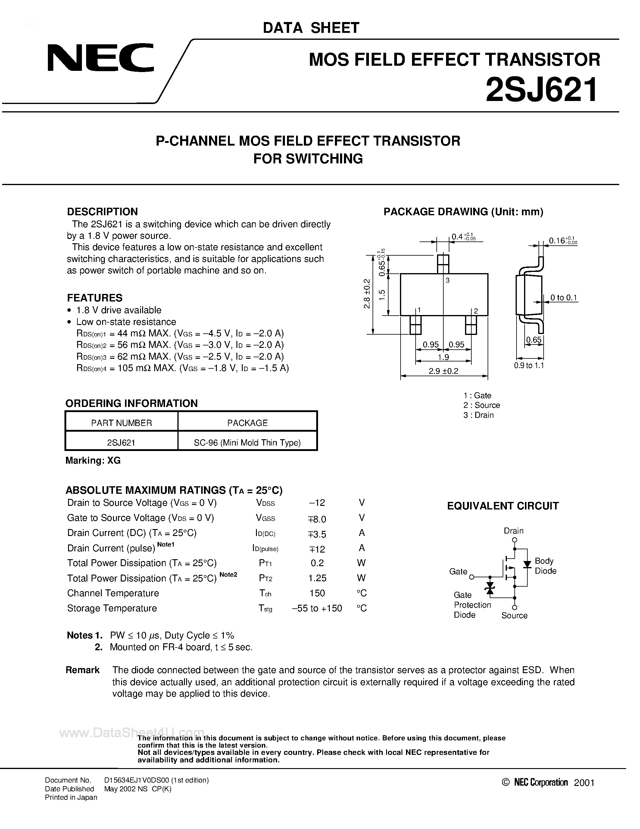 Даташит 2SJ621 - MOS FIELD EFFECT TRANSISTOR страница 1